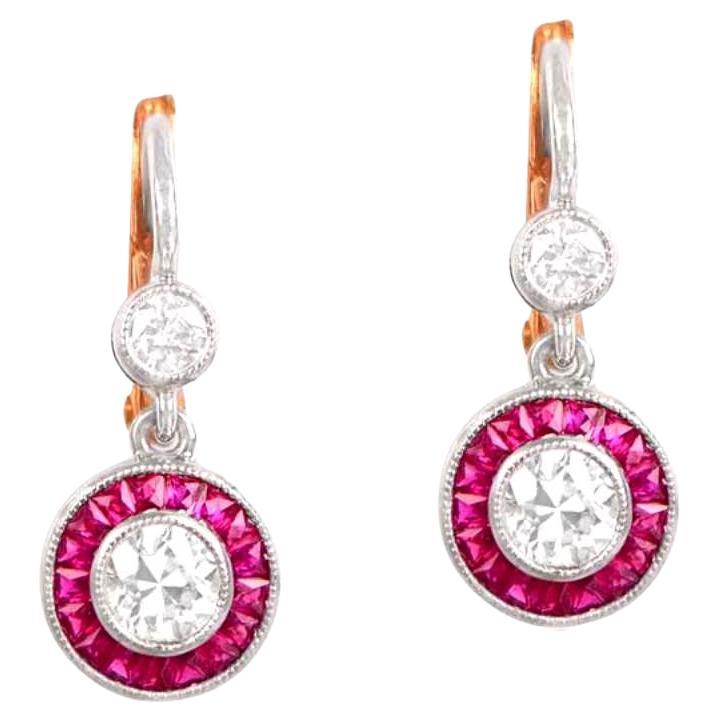 0.40 Carat Old Euro-Cut Diamond Earrings, Ruby Halo, Yellow Gold, Platinum For Sale