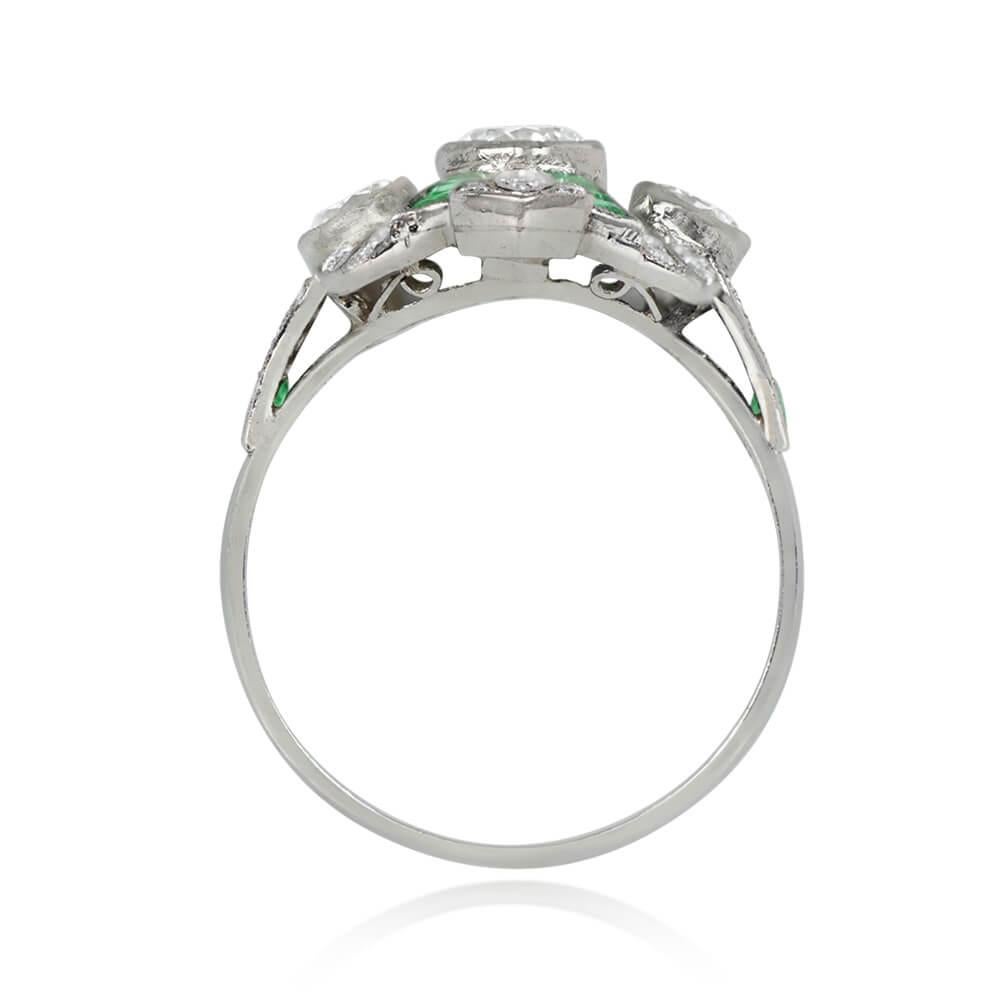 A geometric diamond and emerald ring featuring a bezel-set round brilliant cut center diamond of approximately 0.40 carats (H color, SI2 clarity). Flanking the center diamond are two smaller bezel-set round brilliant diamonds, each around 0.15