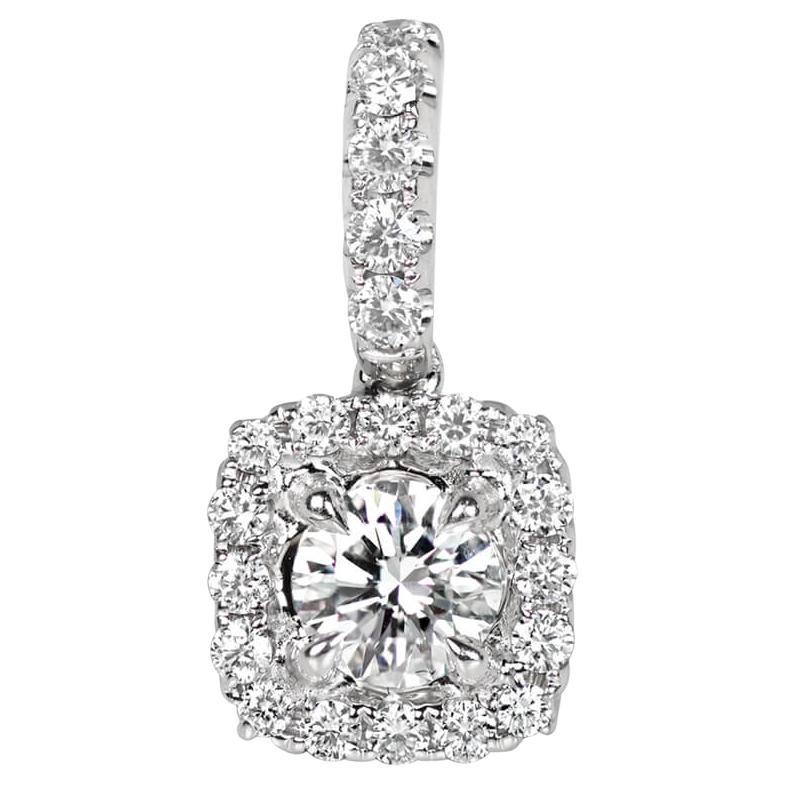 0.40ct Round Brilliant Cut Diamond Pendant, Diamond Halo, 18k White Gold For Sale