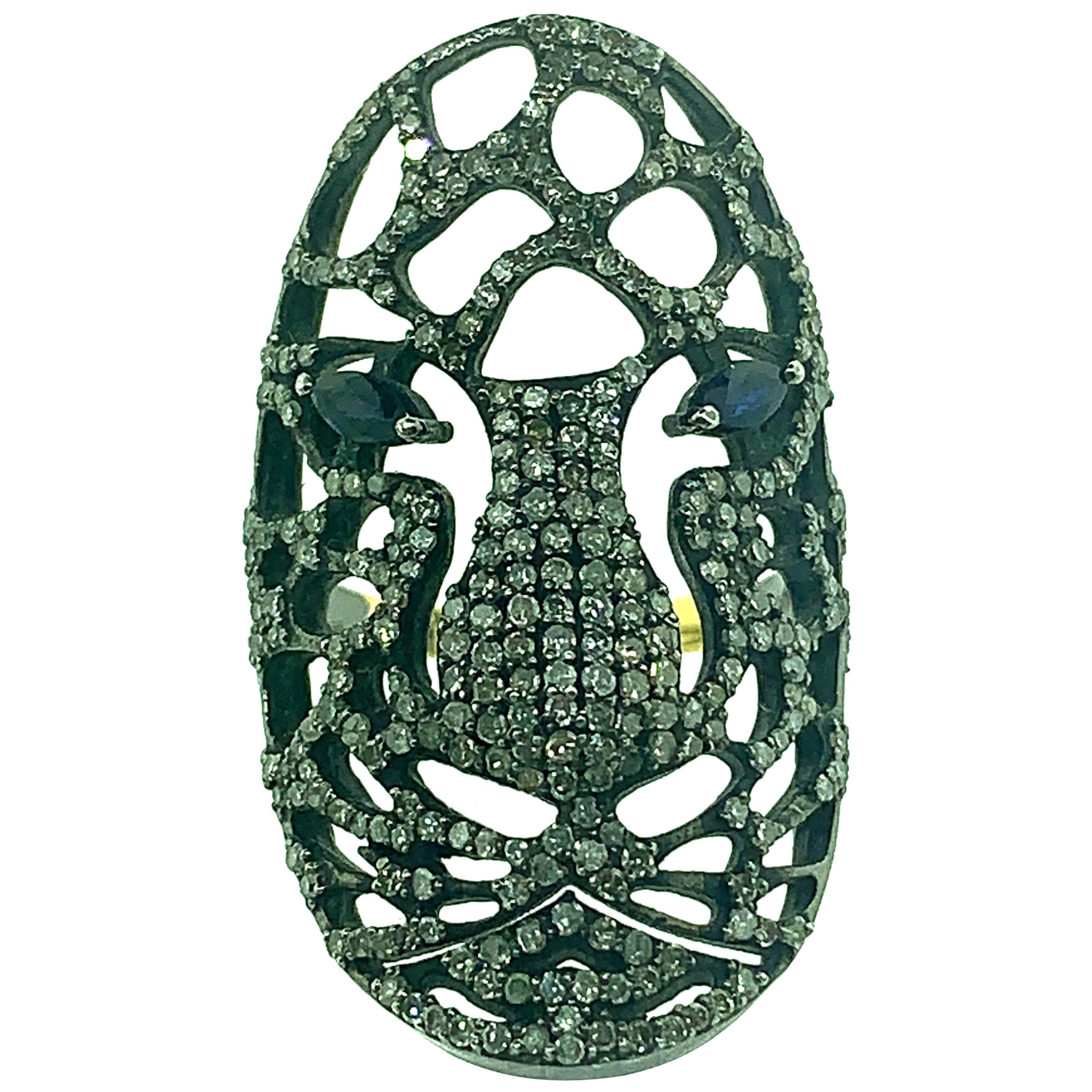 0.40Ct Sapphire, 1.45Ct Diamond Lion Ring Oxidized Sterling Silver, 14K Gold For Sale