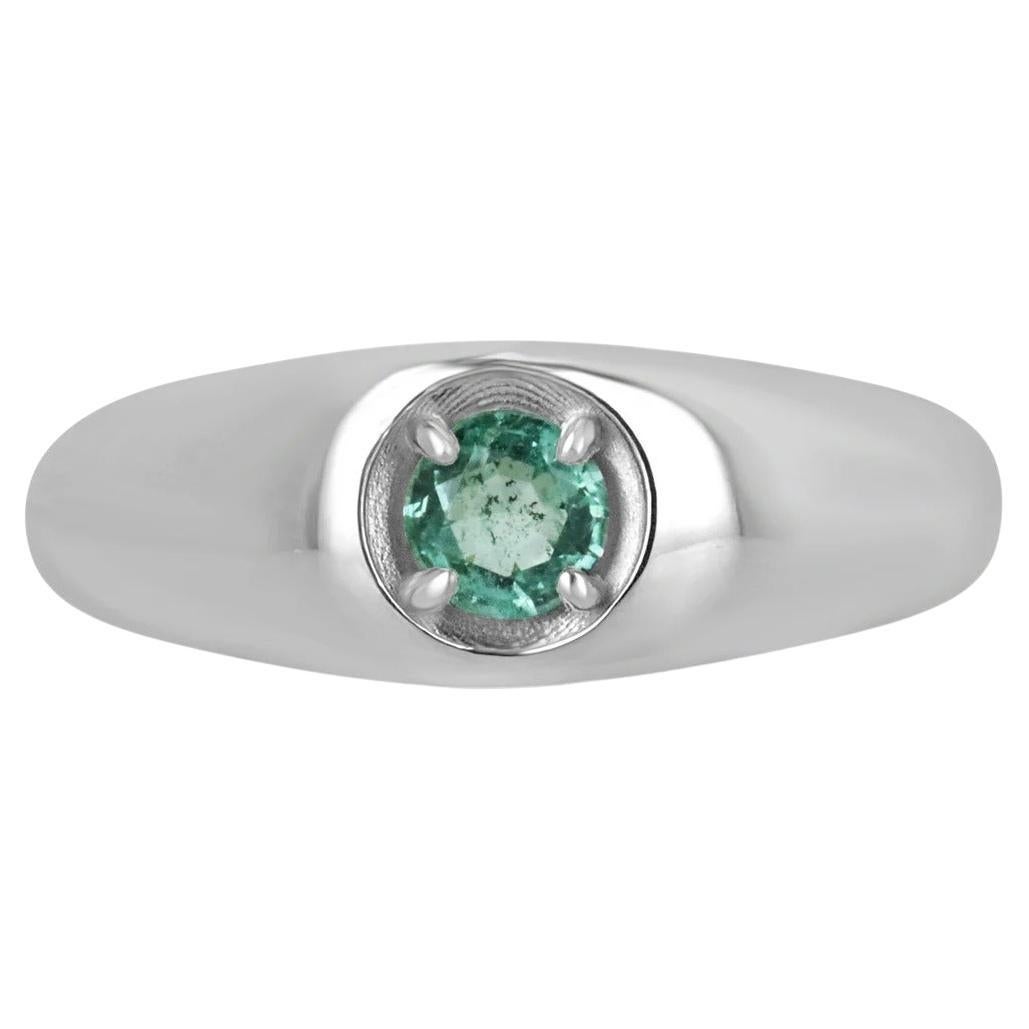 0.40ct SS Round Cut Emerald Four Prong Solitaire Silver Unisex Ring For Sale