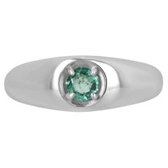 0.40ct SS Round Cut Emerald Four Prong Solitaire Silver Unisex Ring