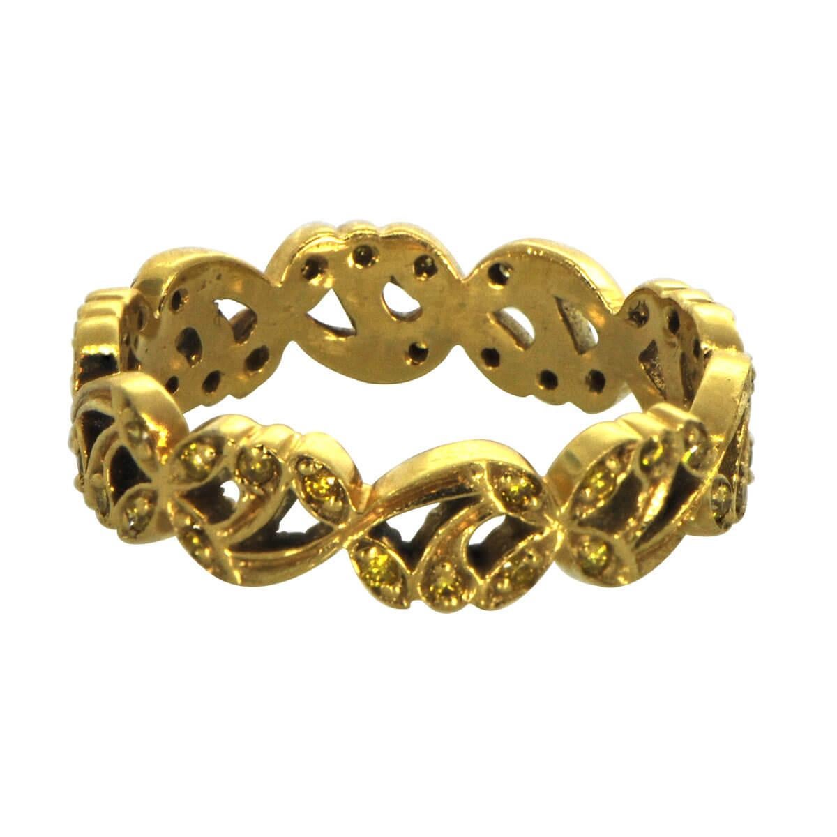 A stunning 18k yellow gold band featuring an intricate openwork floral design. The band is adorned with full-cut yellow diamonds set in an eternity setting, with a total diamond weight of approximately 0.40 carats. This exquisite band boasts a width