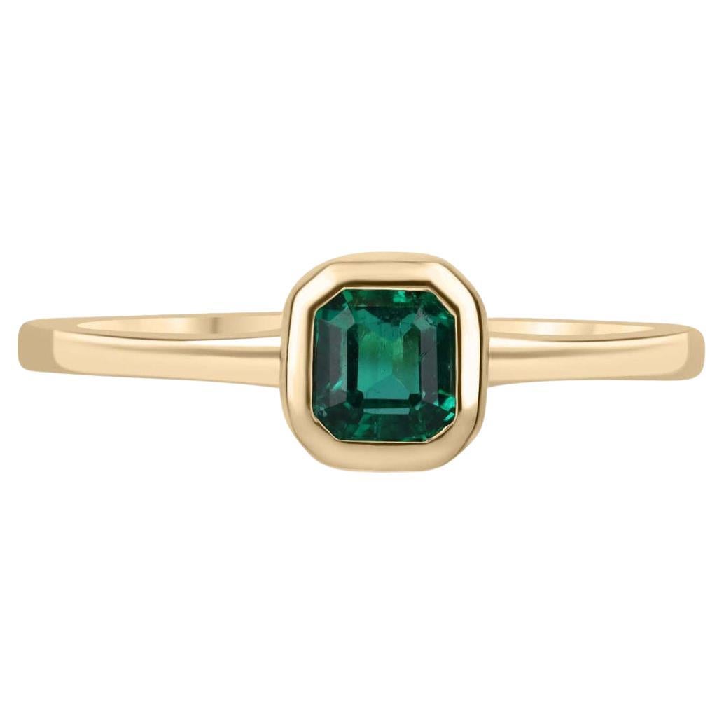 0.40cts 18K Colombian Emerald Cushion Cut Bezel Set Solitaire Ring