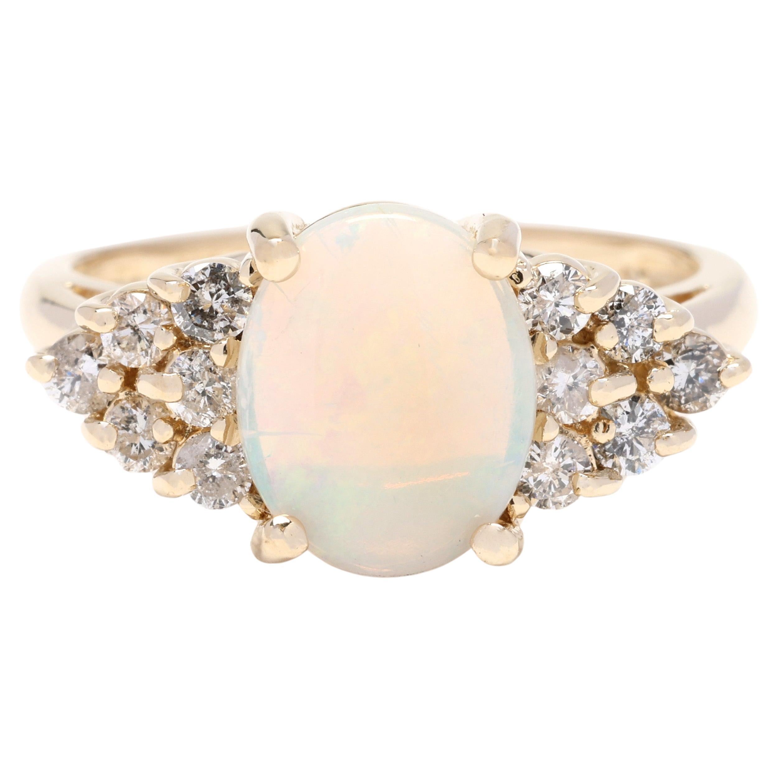 0.40ctw Diamond and Opal Cluster Ring, 14k Yellow Gold, Ring Size 6.75 For Sale