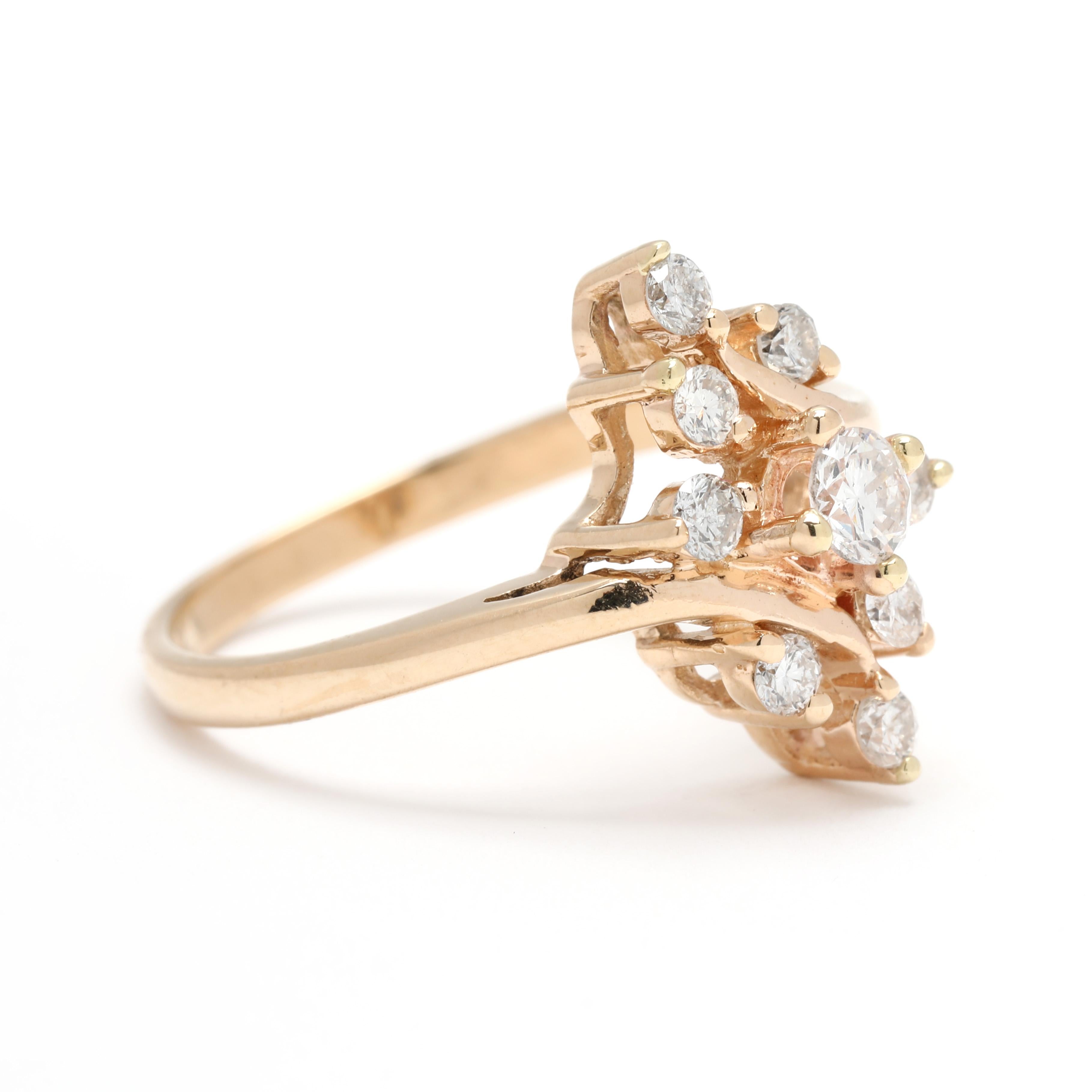 Stones:
diamonds, 9 stones
round brilliant cut
2 - 3.5 mm
approximately .40 total carats
G-H color, SI2-I1 clarity

Ring Size 6.25

Length: 16.2 mm

Weight: 2.3 dwts. / 3.5 grams

Stamps: 
