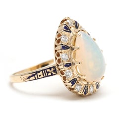 0.40ctw Pear Opal, Diamond and Blue Enamel Statement Ring, 14k Yellow Gold