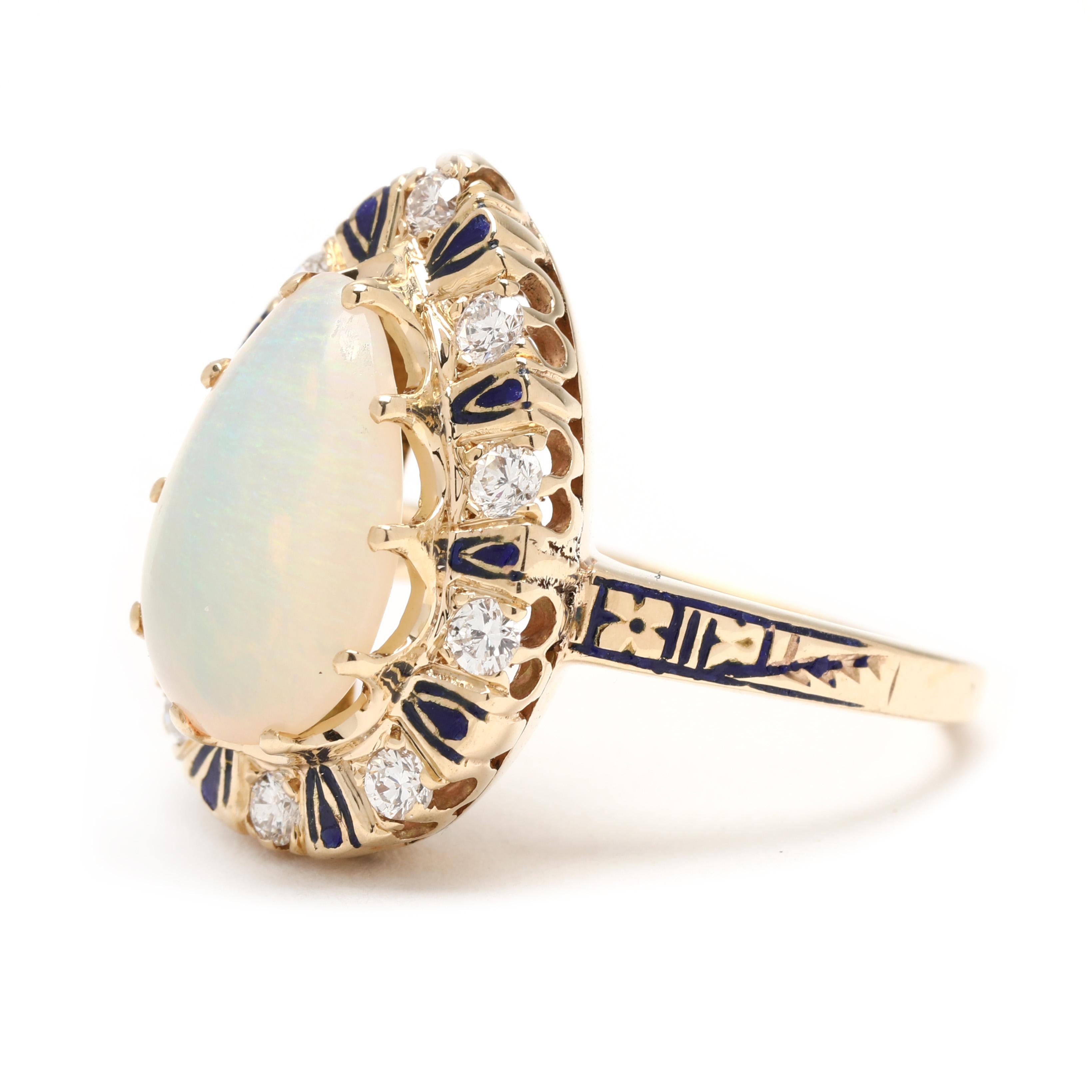 0.40ctw Pear Opal, Diamond and Blue Enamel Statement Ring, 14k Yellow Gold In Good Condition For Sale In McLeansville, NC
