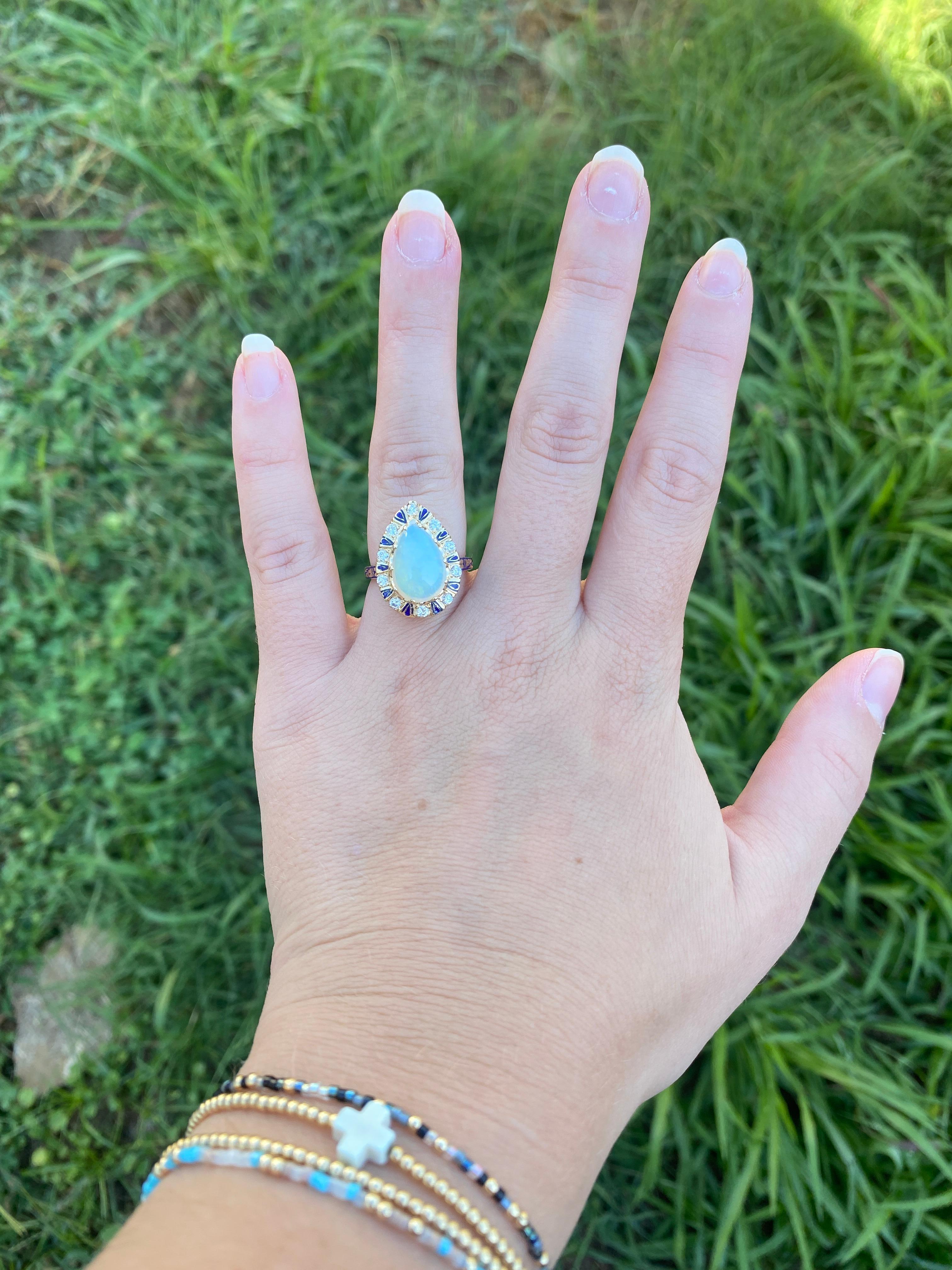 0.40ctw Pear Opal, Diamond and Blue Enamel Statement Ring, 14k Yellow Gold For Sale 2