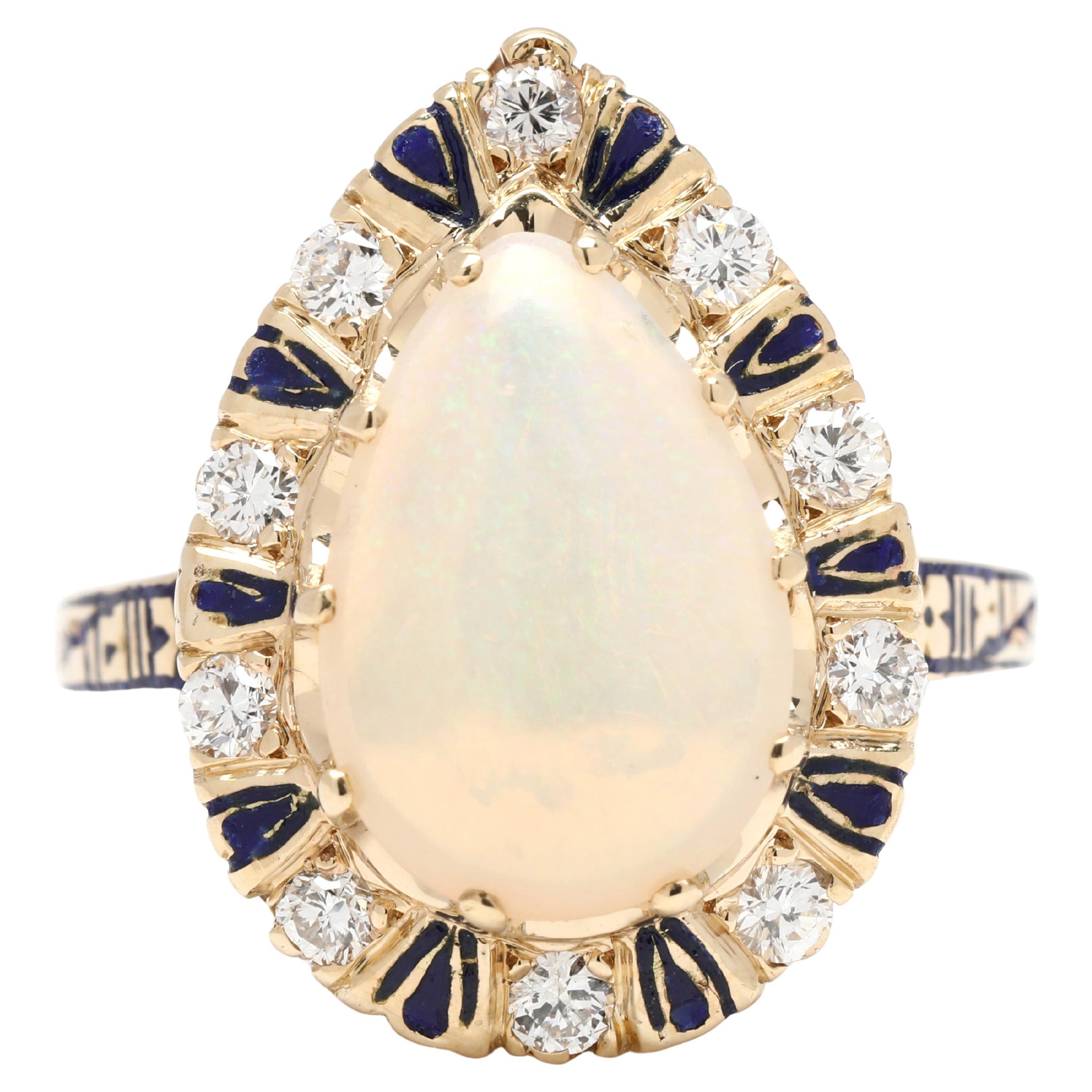 0.40ctw Pear Opal, Diamond and Blue Enamel Statement Ring, 14k Yellow Gold For Sale