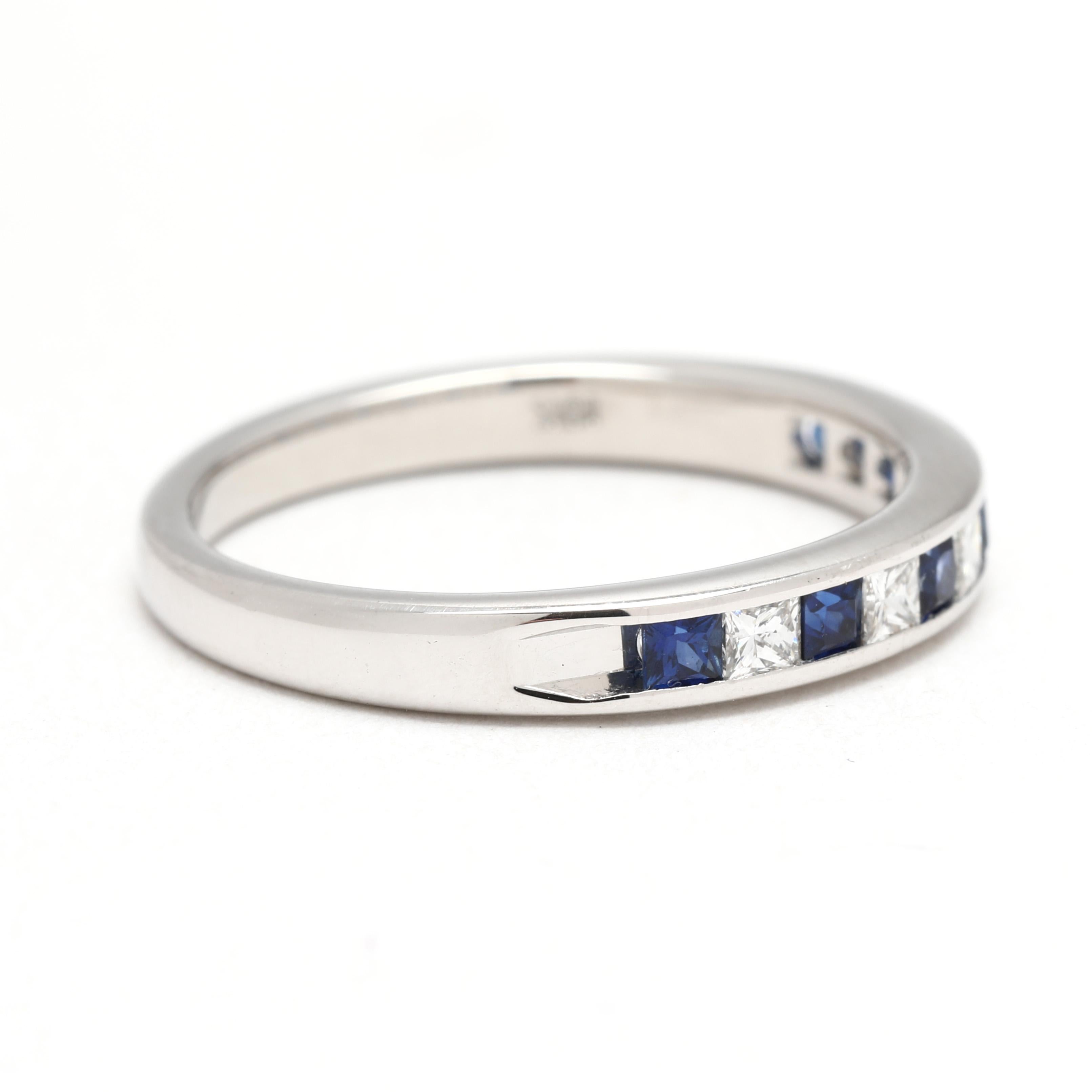Steine:
Diamanten, 5 Steine
Prinzessinnenschnitt
1.8 mm
ungefähr .15ctw
Farbe F-G, Reinheit VS1-2
Saphire, 6 Steine
Prinzessinnenschnitt
1.75 mm
etwa 0,25 Karat insgesamt

Ring Größe 5.25

Erhebung vom Finger: 1.8 mm

Breite: 3 mm

Gewicht: 1,6