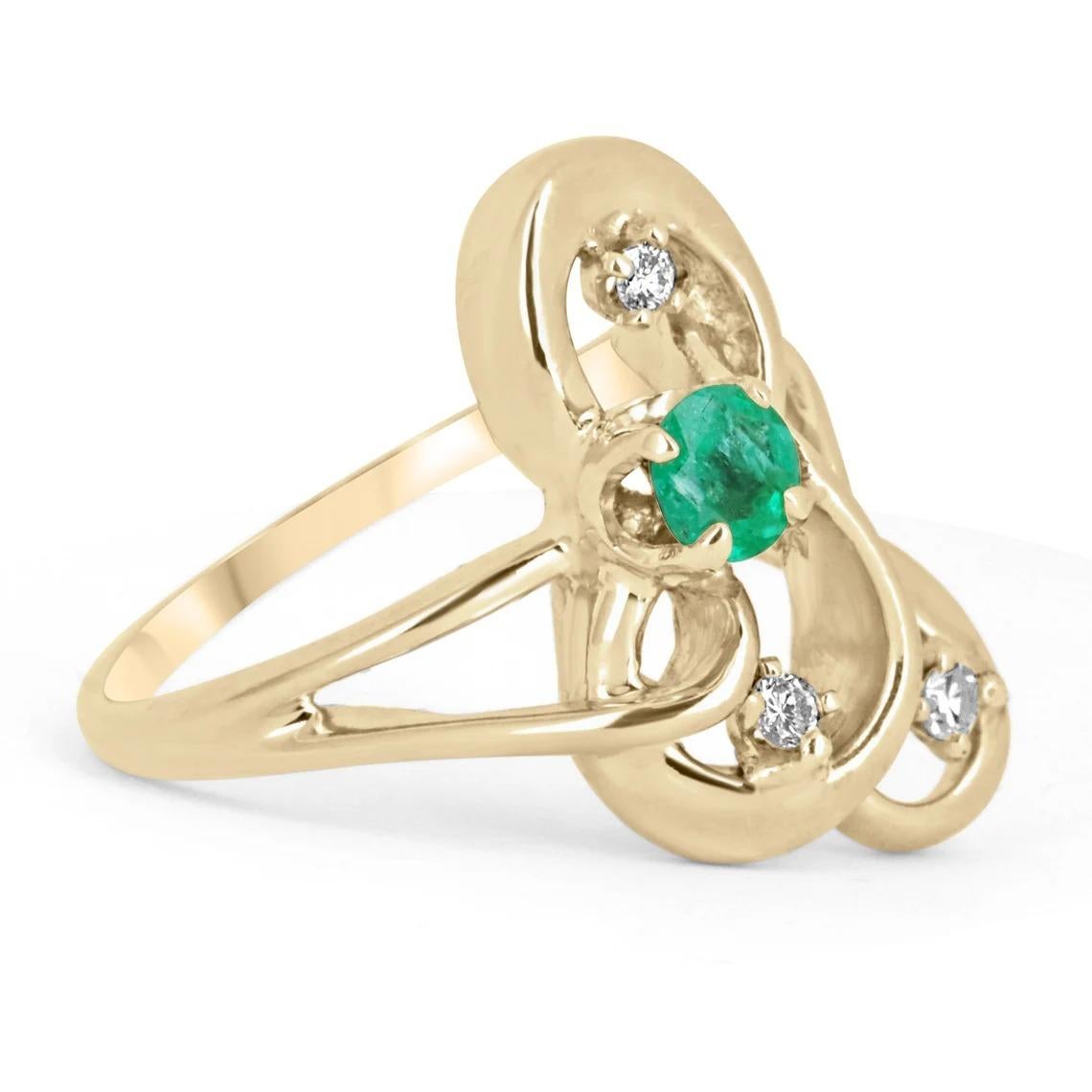 A vivid, medium green Colombian emerald and diamond antique ring. Created in everlasting, 14k yellow gold the fine emerald has incredible color and ideal eye clarity. The gem is set in a secure four-prong setting. This antique ring is fashionable