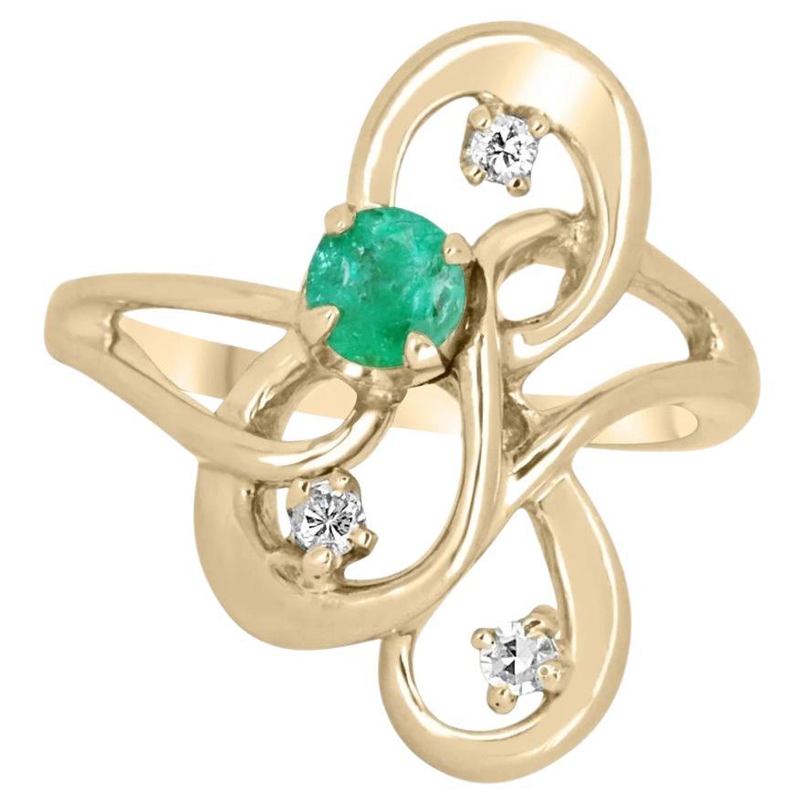 0.40tcw 14K Colombian Emerald-Round Cut & Diamond Cluster Abstract Gold Ring For Sale