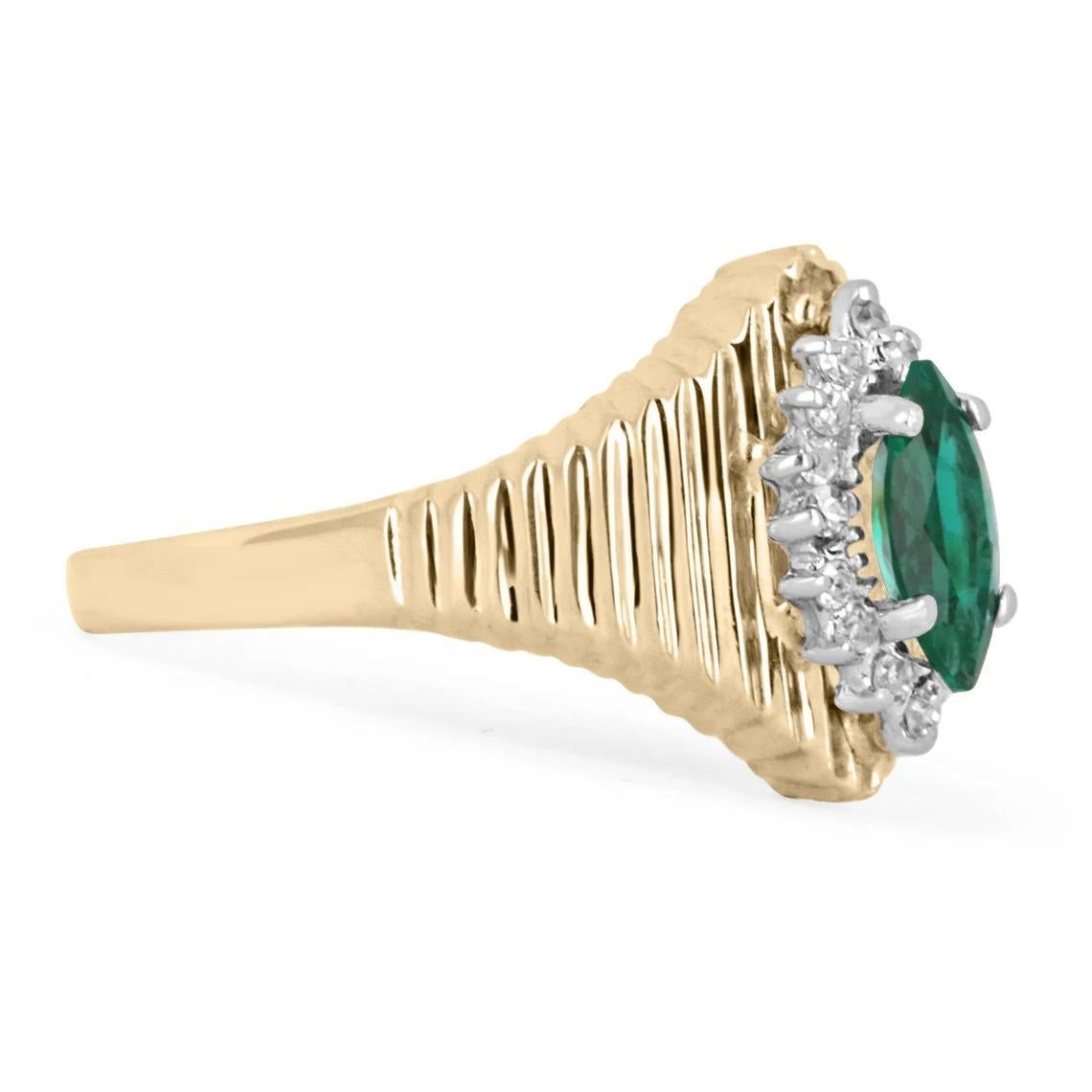 An absolutely stunning emerald and diamond statement ring. The center stone is a synthetic, marquise-cut emerald, displaying a vivid dark green color, with perfect charactertistics. The center stone is surrounded by 16 petite, brilliant round cut