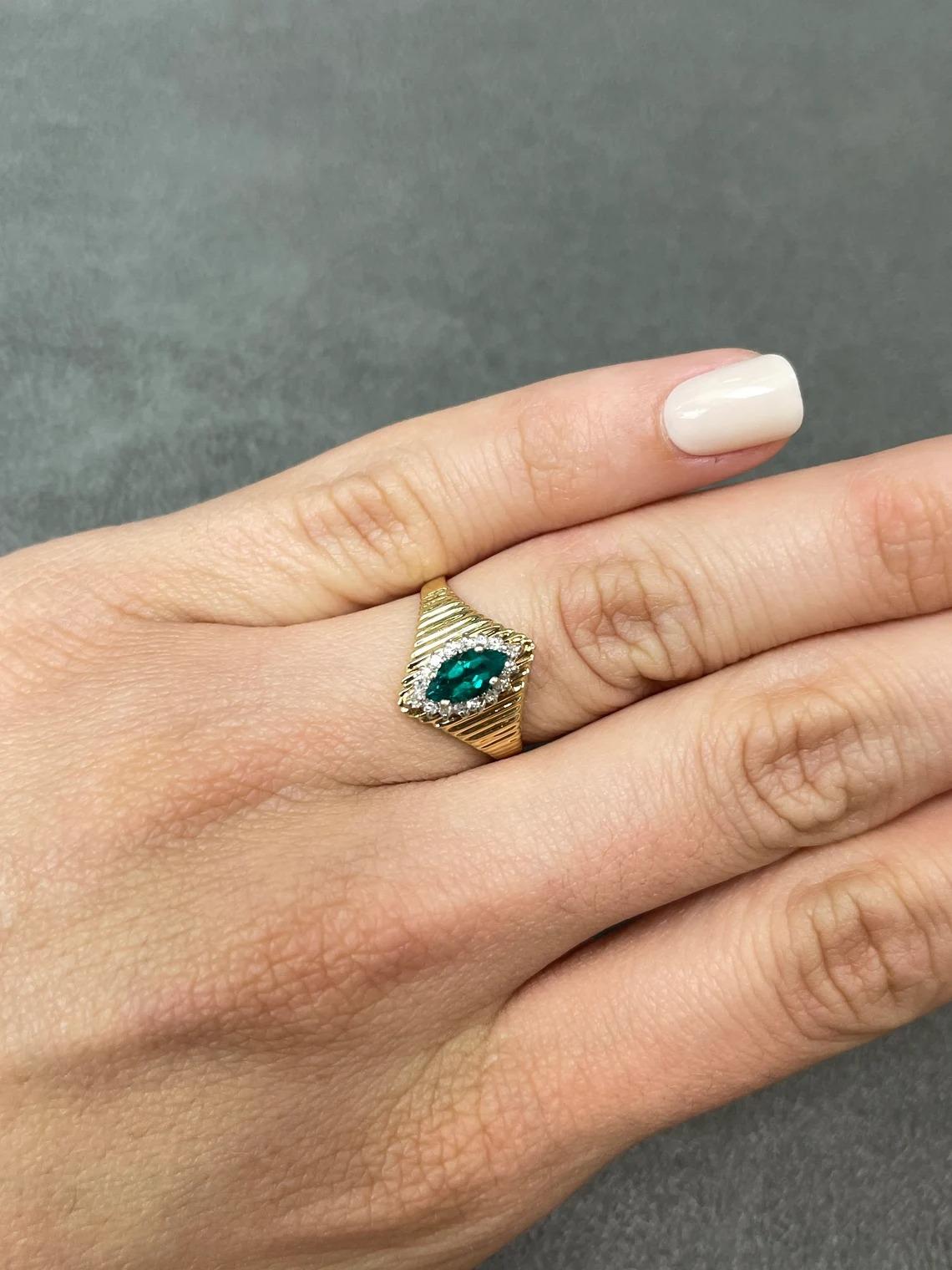 0.40tcw 14K Marquise Cut Emerald & Diamond Halo Cocktail Ring For Sale 1