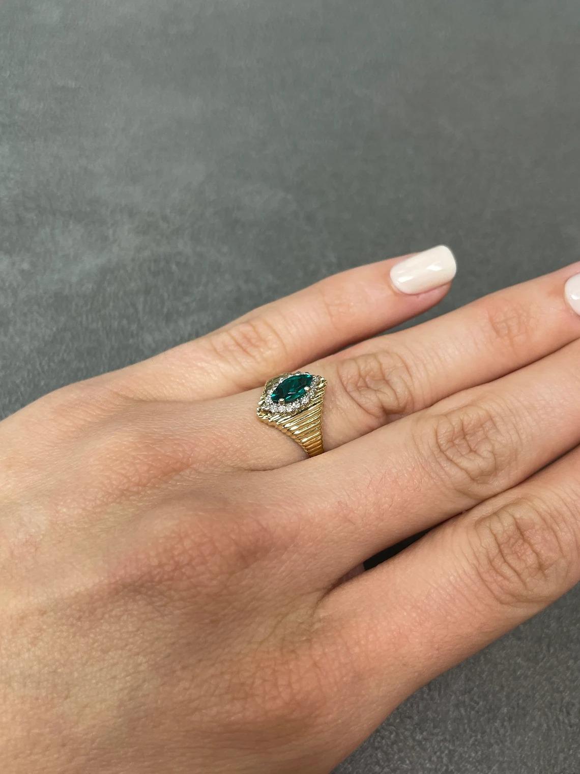 0.40tcw 14K Marquise Cut Emerald & Diamond Halo Cocktail Ring For Sale 2