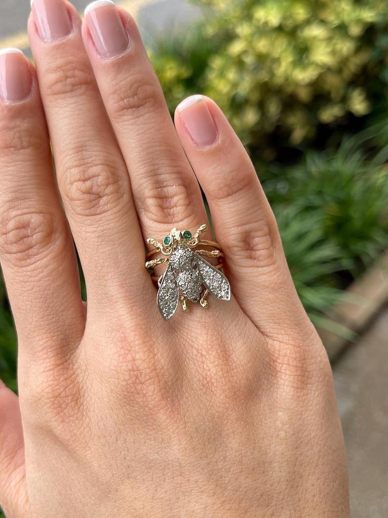 Bague En Or 14 Carats 585 Avec émeraude Et Diamant 0,06 Ct - Taille 57, Ajustable
