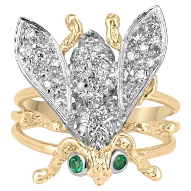 0.40tcw 14K Two-Tone Emerald & Diamond Bee Ring - Vivid Green Eyes 585 Gold