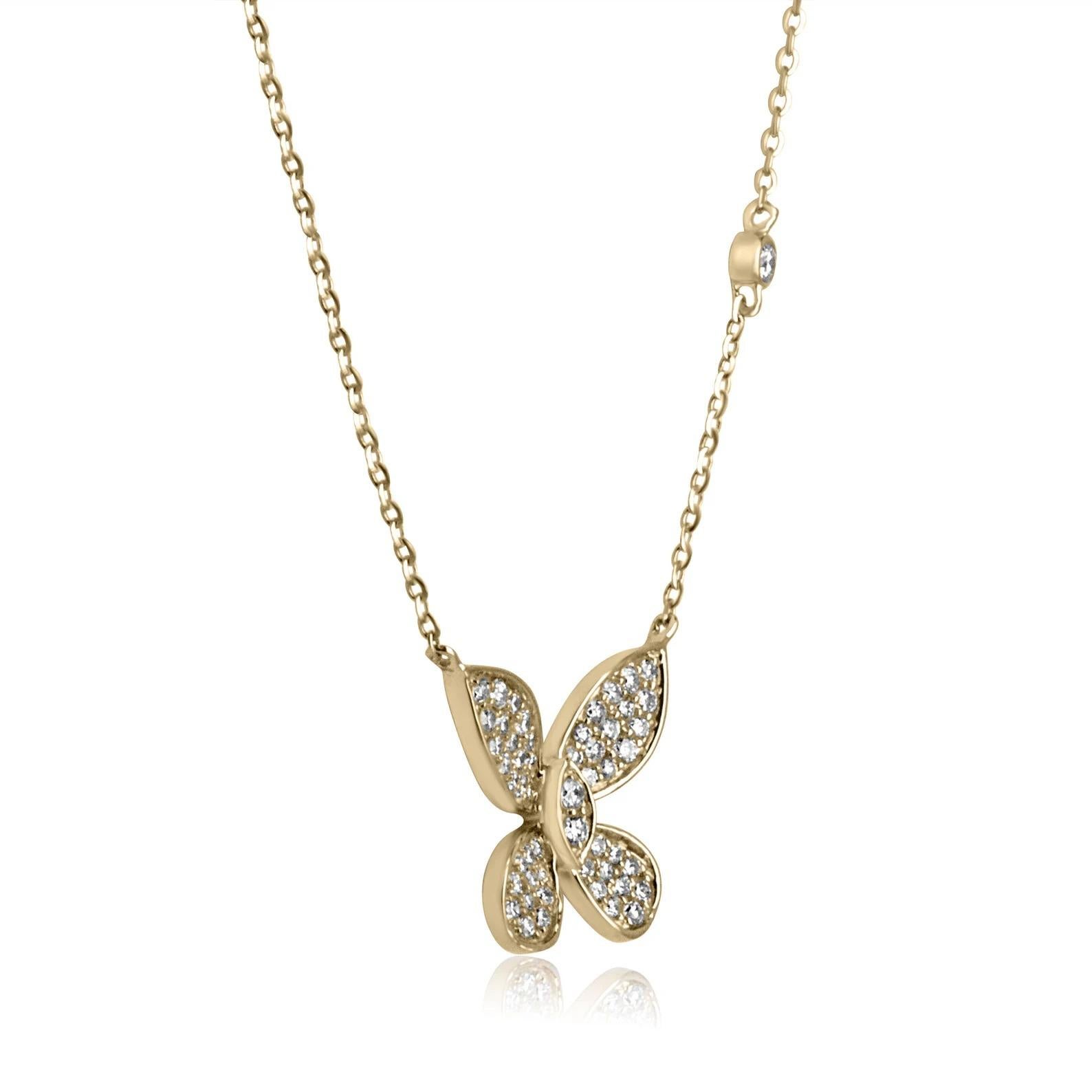 A stunning, and dainty butterfly necklace. This gorgeous piece makes the perfect gift, for any occasion and caters to all. Numerous natural brilliant round-cut diamonds are pave set within the beautiful butterfly design, and a diamond accent is also
