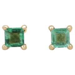 0.40tcw Natural Emerald-Asscher Cut Petite Stud Earrings Yellow Gold 14K