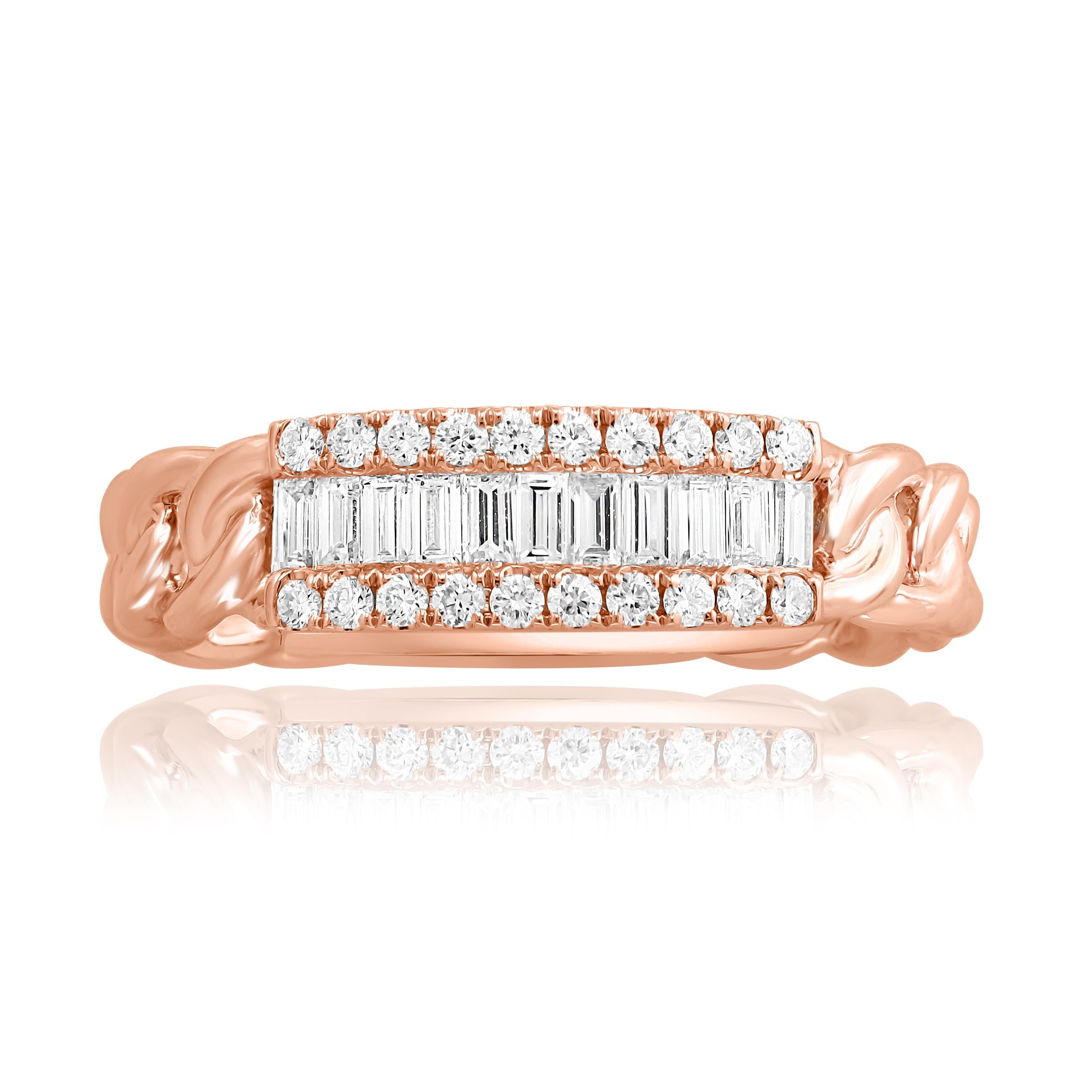 A fashionable piece of jewelry showcasing open work design. The middle style is encrusted with 11 baguette and 20 round brilliant diamonds weighing 0.25 carats and 0.16 carats total. Made in 18k rose gold.

Size 6.5 US (Sizable). One of a Kind 