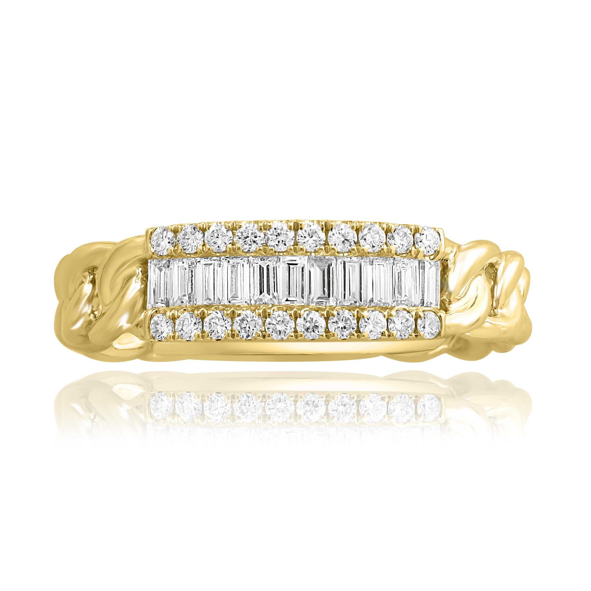 A fashionable piece of jewelry showcasing open work design. The middle style is encrusted with 11 baguette and 20 round brilliant diamonds weighing 0.25 carats and 0.16 carats total. Made in 18k yellow gold.

Size 6.5 US (Sizable). One of a Kind 