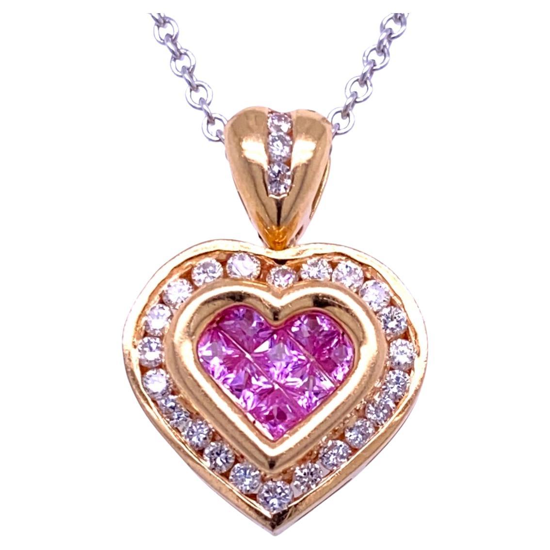 Collier pendentif cœurs en or 18 carats avec diamants de 0,41 carat et saphir rose de 0,41 carat