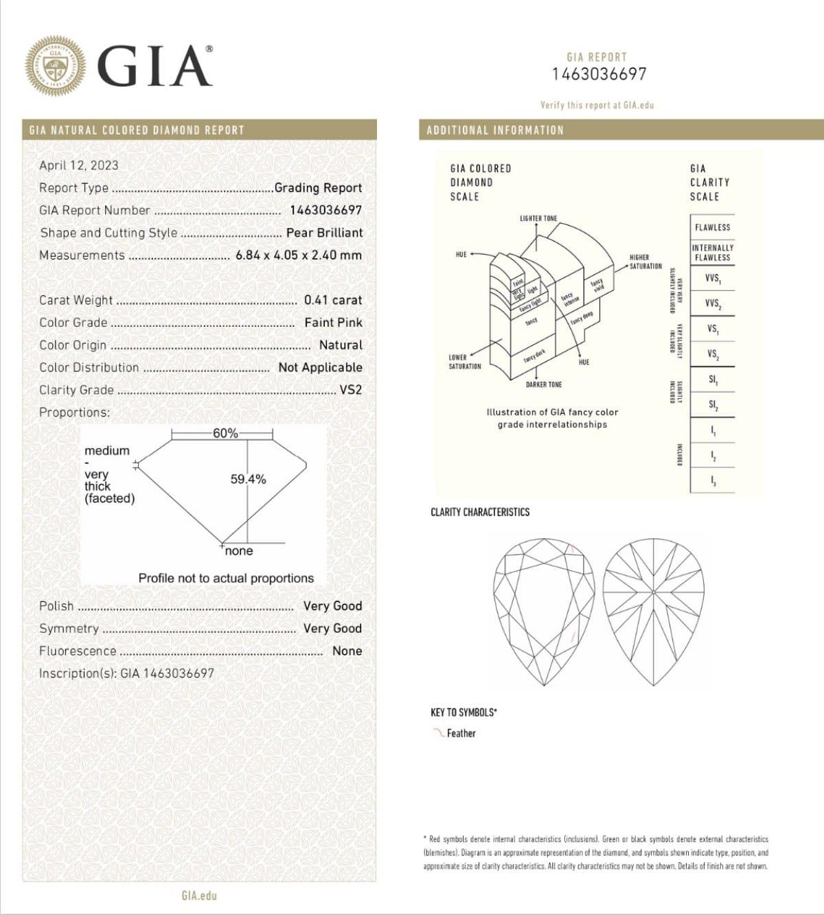 0.41 Carat Faint Pink Pear cut diamond VS2 Clarity GIA Certified For Sale 1
