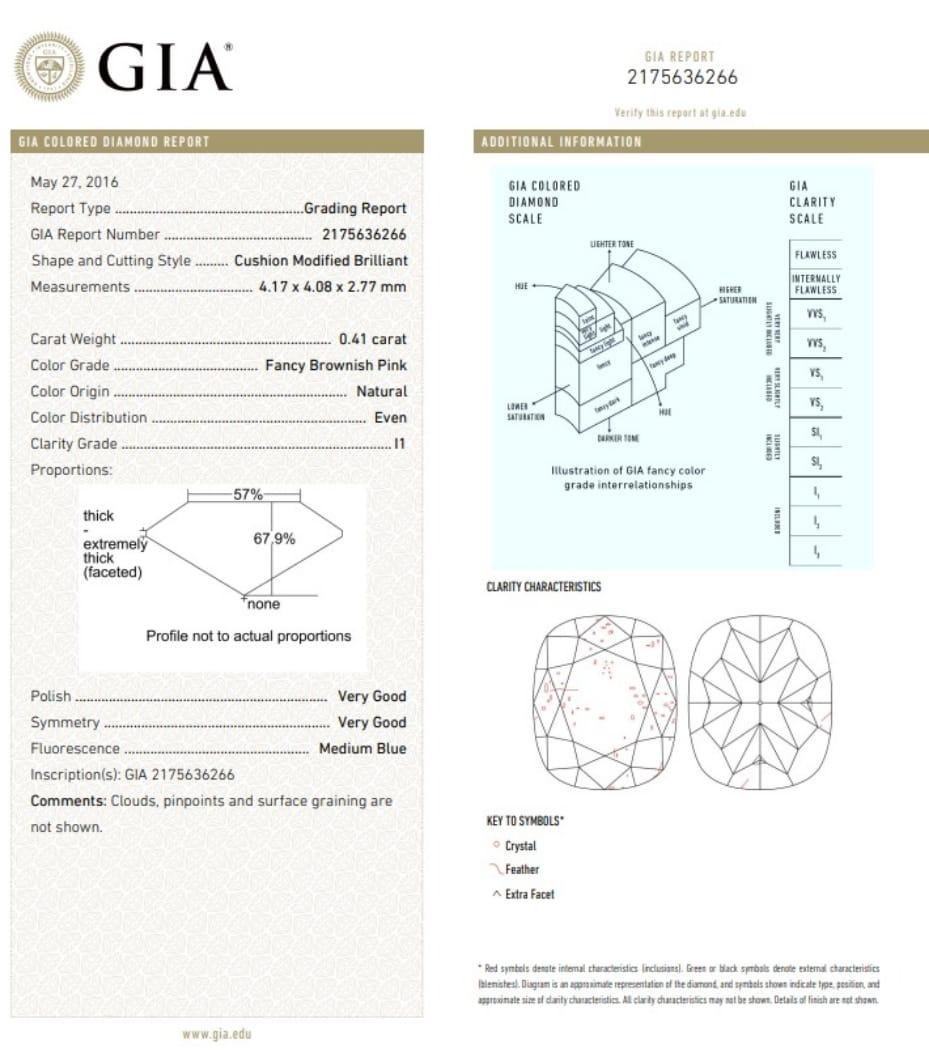 Diamant rose brunâtre fantaisie taille coussin de 0,41 carat, pureté I1, certifié GIA en vente 1