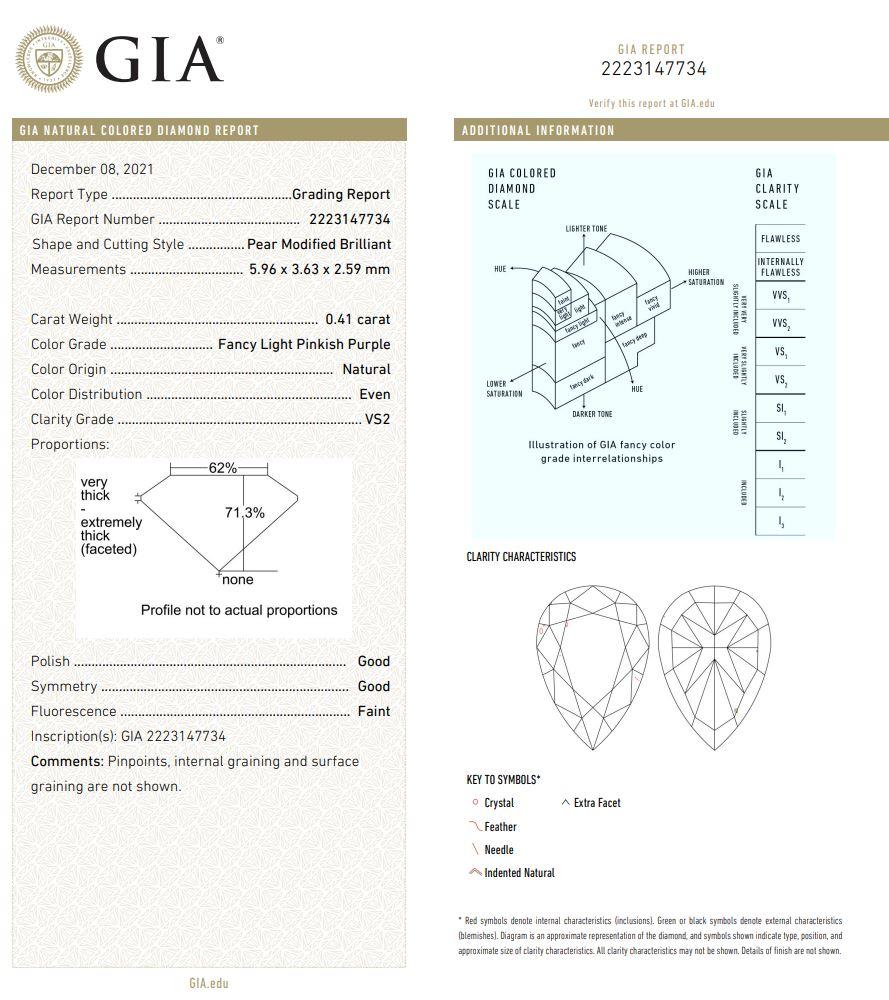 Diamant fantaisie rose clair et violet taille poire de 0,41 carat pureté VS2 certifié GIA en vente 2