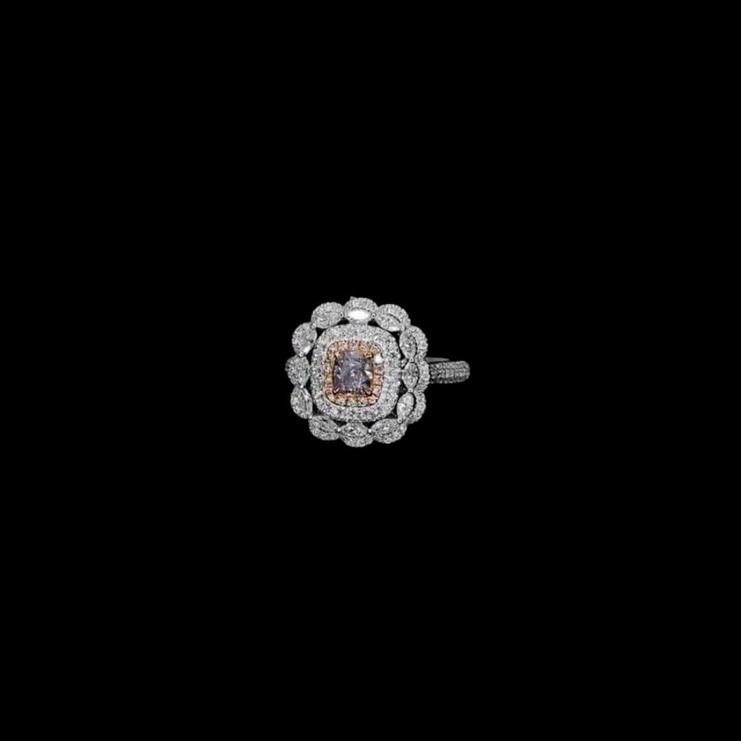 Cushion Cut 0.41 Carat Fancy Light Purplish Pink Diamond Ring SI2 Clarity GIA Certified For Sale