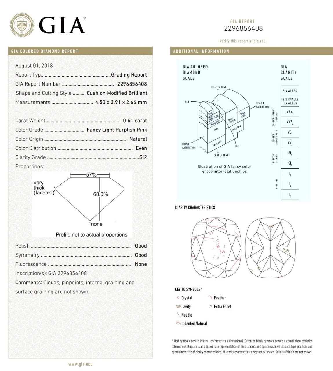 0.41 Carat Fancy Light Purplish Pink Diamond Ring SI2 Clarity GIA Certified For Sale 3