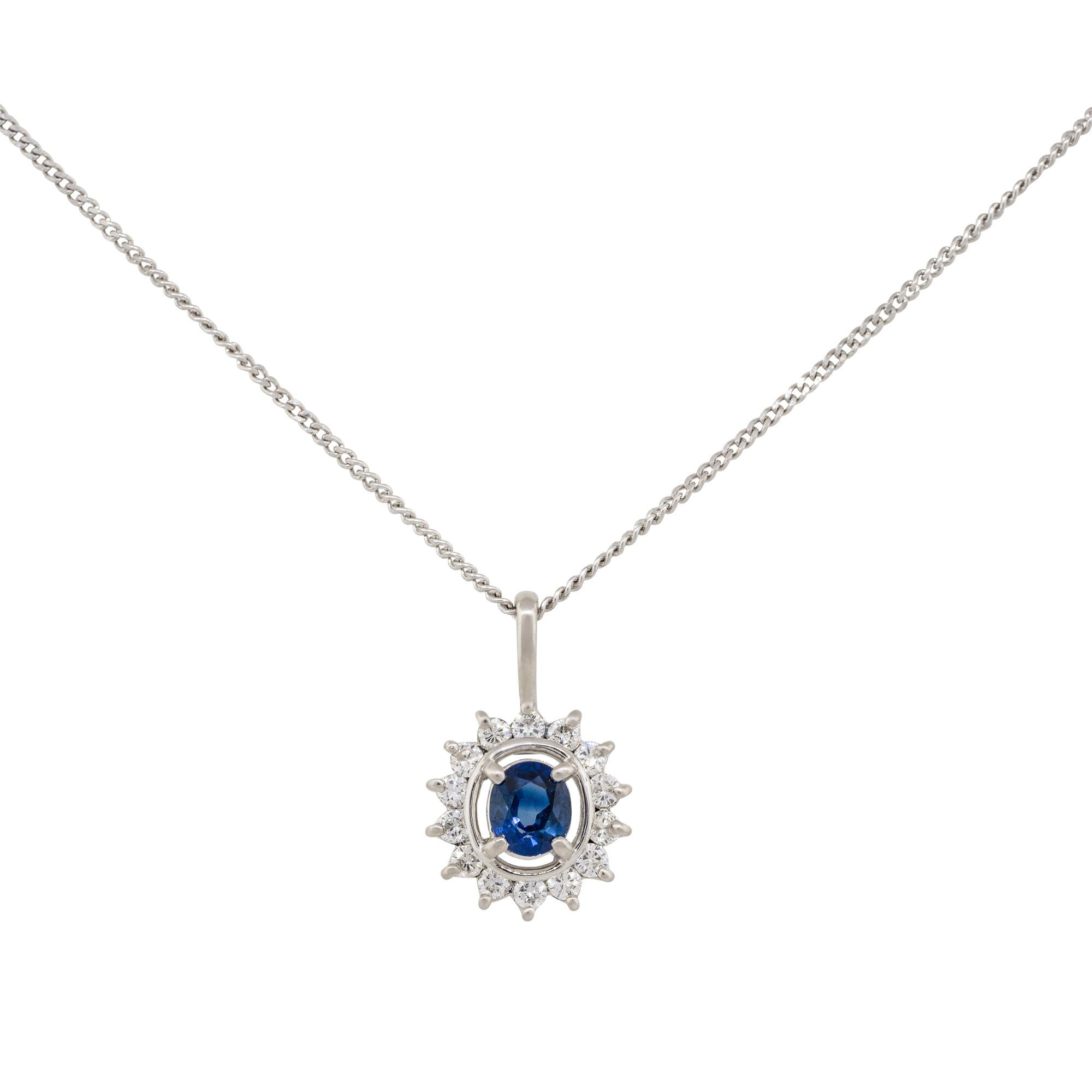 Material: Platinum
Diamond Details: Approx. 0.24ctw of round cut Diamonds. Diamonds are G/H in color and VS in clarity
Gemstone Details: Approx. 0.41ct oval cut Sapphire gemstone
Clasps: Lobster clasp
Total Weight: 3.9g (2.5dwt)  
Pendant