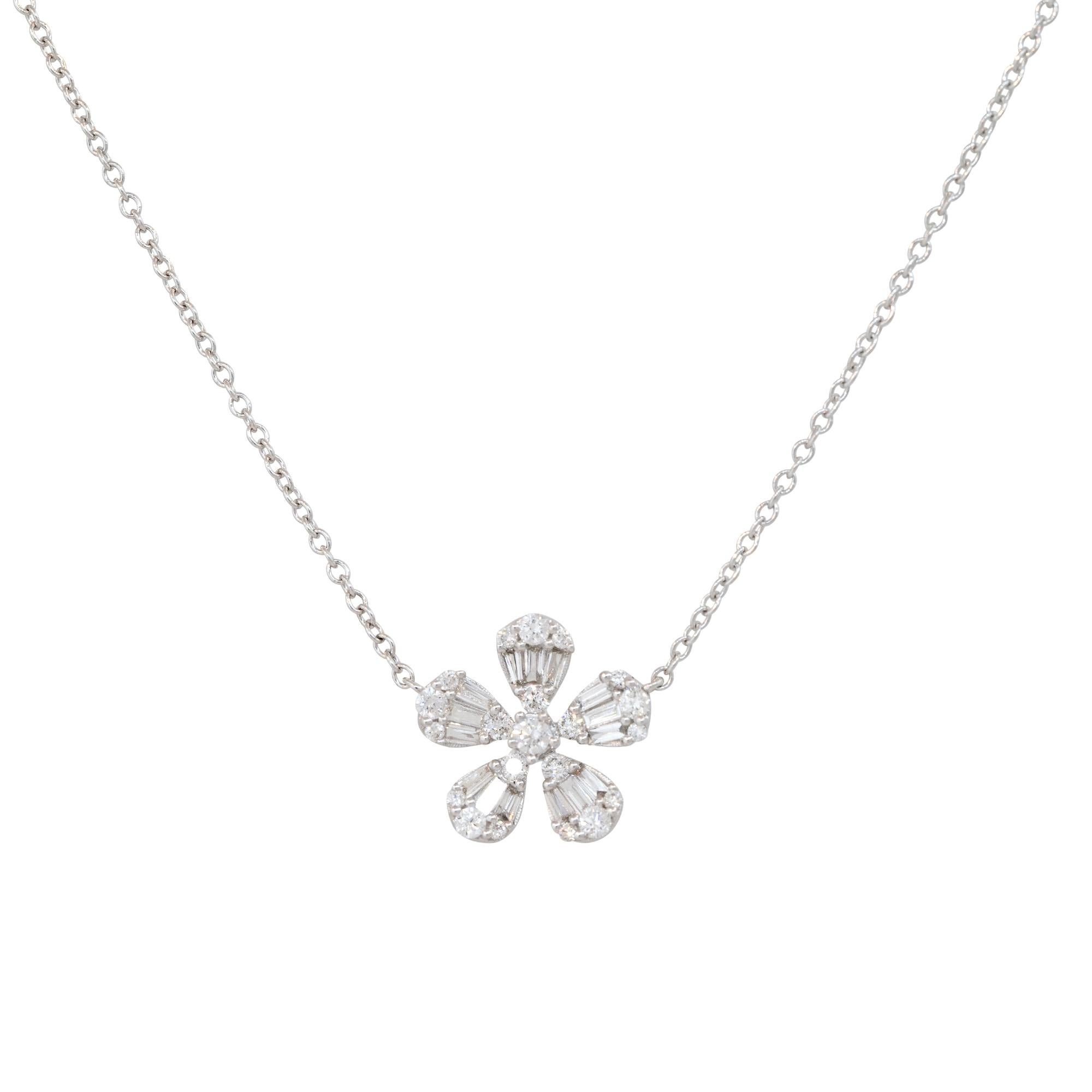 18k White Gold 0.41ctw Pave Diamond Flower Necklace
Material: 18k White Gold
Diamond Details: There are approximately 0.41 carats of Round Brilliant and Baguette cut Diamonds. All diamonds are approximately G/H in color and approximately SI in