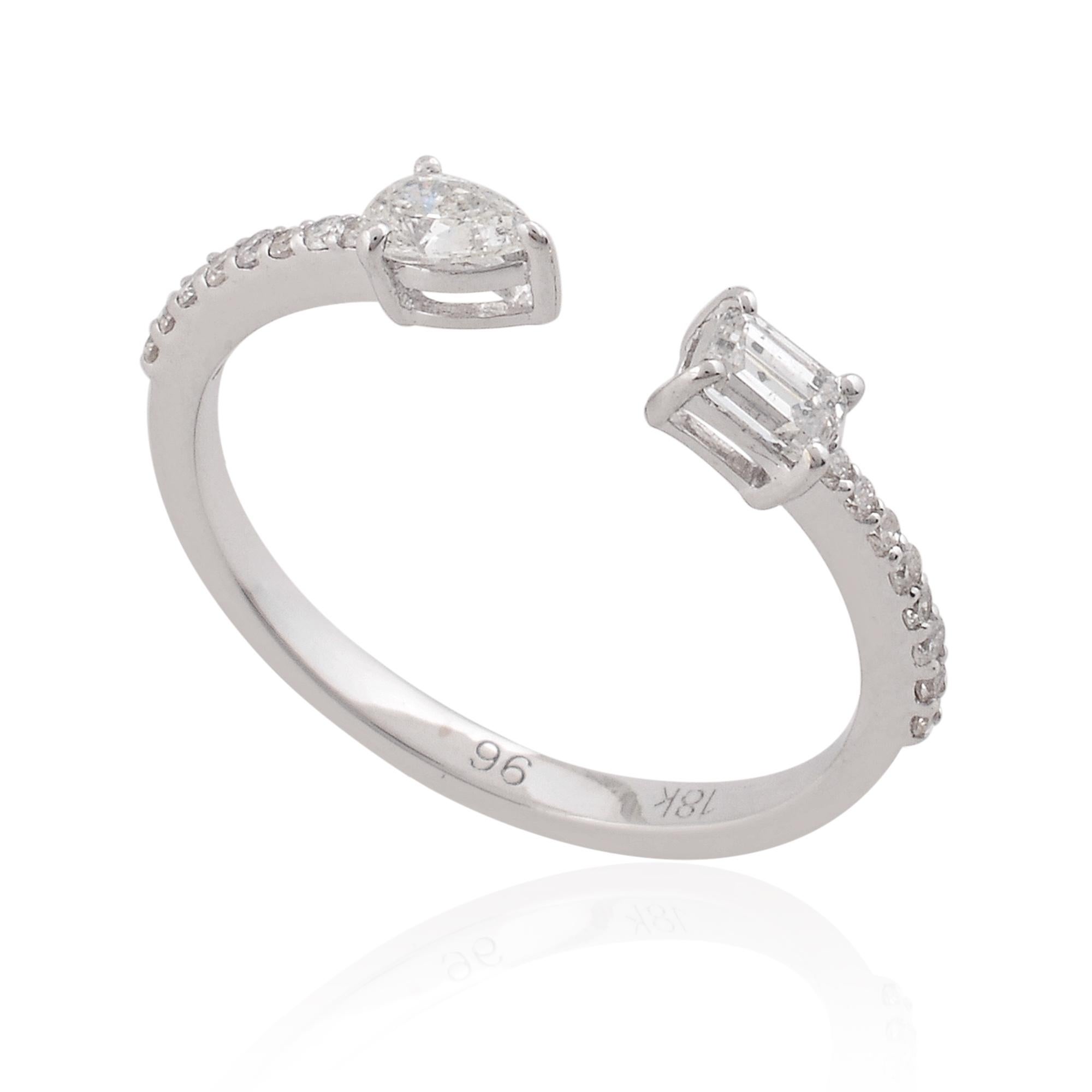 Modern 0.41 Carat Pear & Emerald Cut Diamond Cuff Ring 18k White Gold Handmade Jewelry For Sale