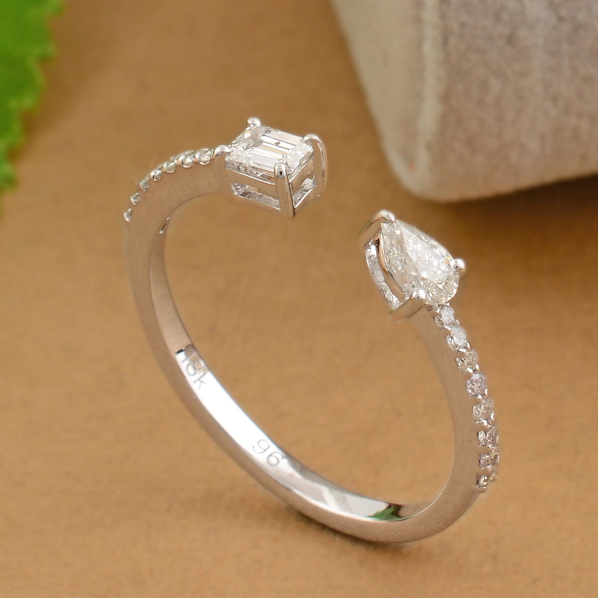 Pear Cut 0.41 Carat Pear & Emerald Cut Diamond Cuff Ring 18k White Gold Handmade Jewelry For Sale