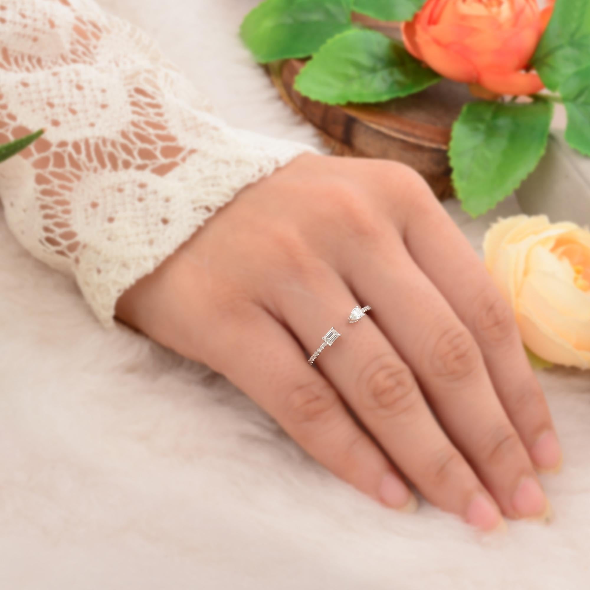 Women's 0.41 Carat Pear & Emerald Cut Diamond Cuff Ring 18k White Gold Handmade Jewelry For Sale