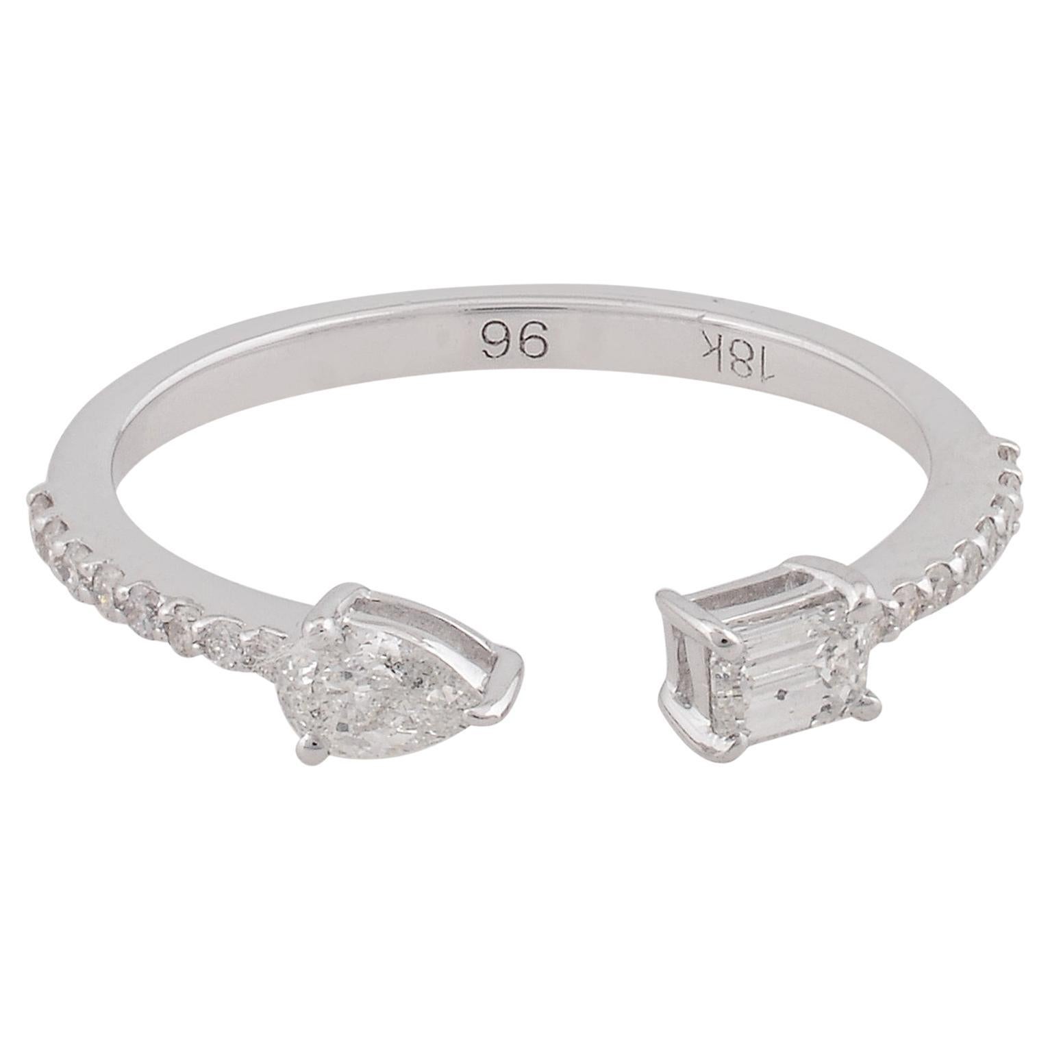 En vente :  0.41 Carat Pear Emerald Cut Diamond Open Cuff Ring 18k White Gold Fine Jewelry