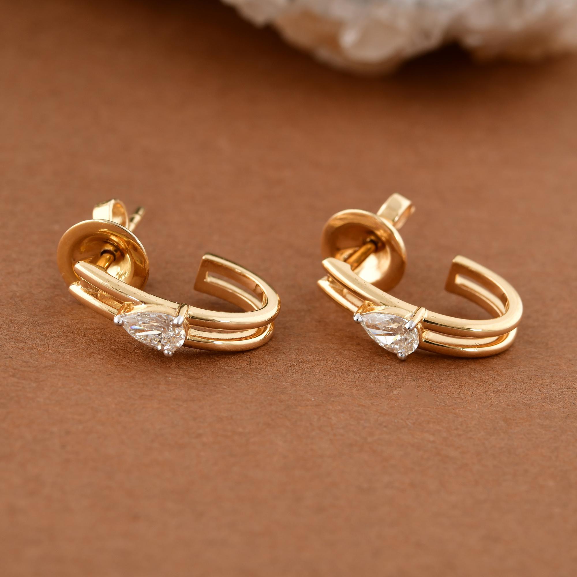 Modern 0.41 Carat SI Clarity HI Color Pear Diamond Hoop Earrings 14 Karat Yellow Gold For Sale