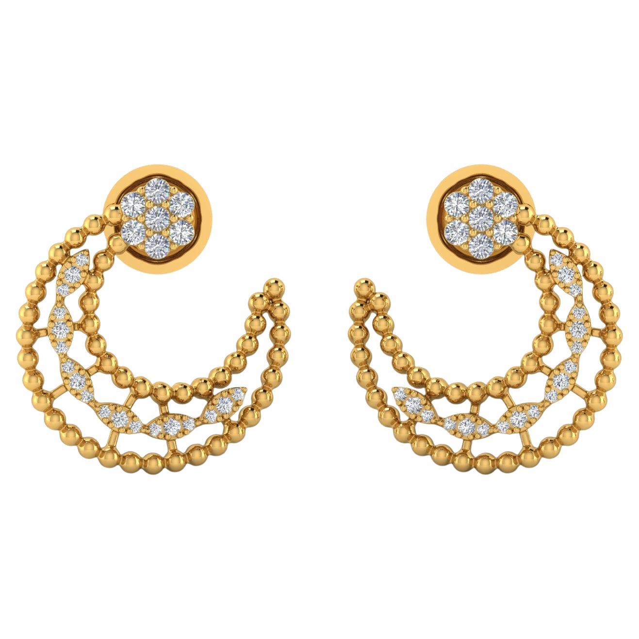 0.41 Carat SI/HI Round Diamond Crescent Moon Hoop Earrings 18 Karat Yellow Gold For Sale