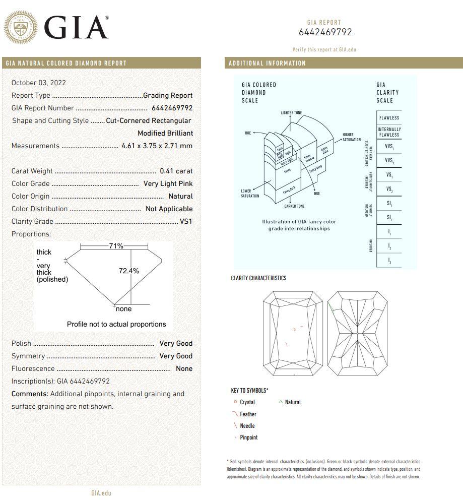 0.41 Carat Very Light Pink Radiant cut diamond VS1 Clarity GIA Certified  For Sale 2