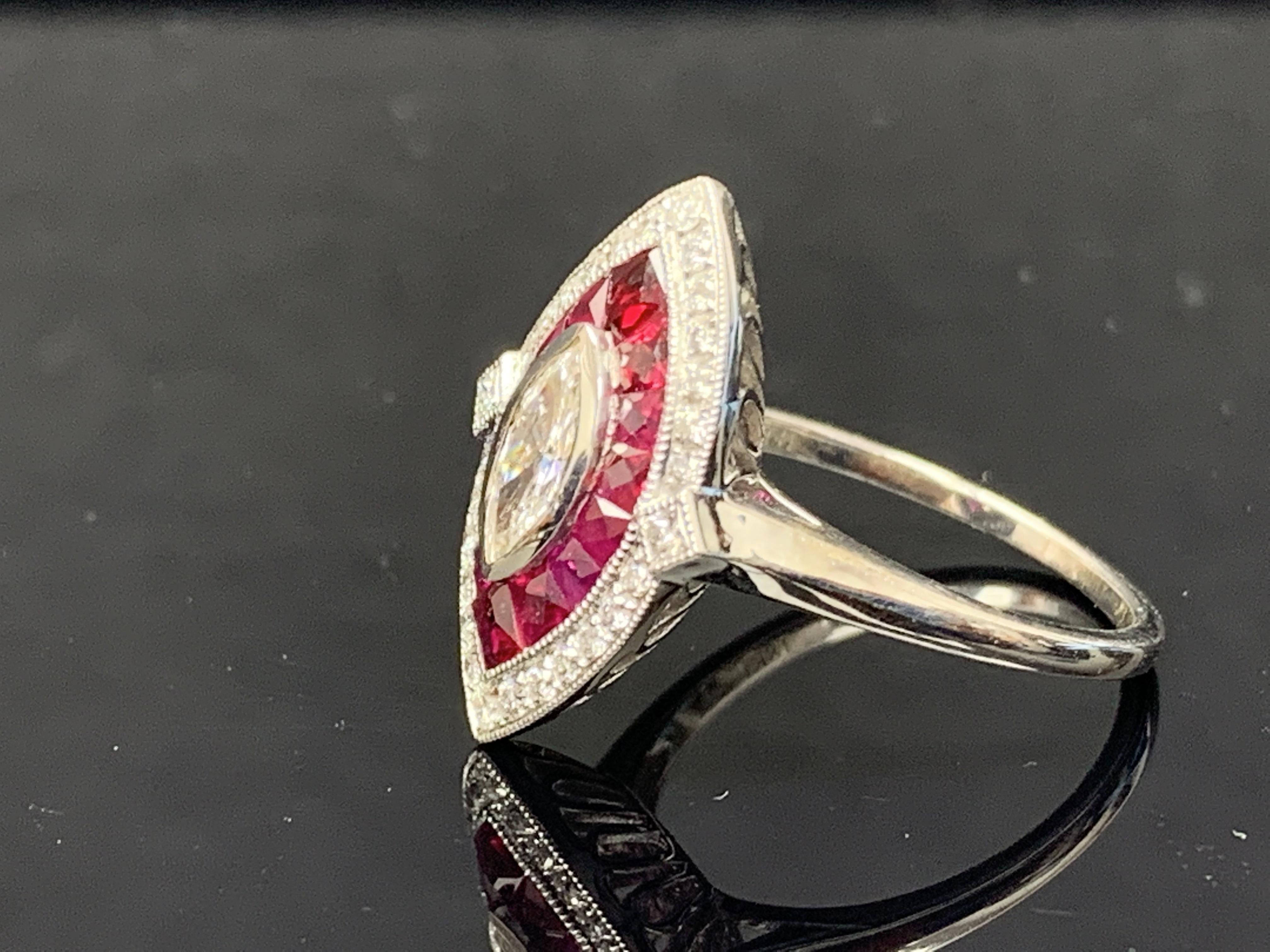 0.41 Carats Marquise Cut Diamond and Ruby Cocktail Ring in 14K White Gold For Sale 5