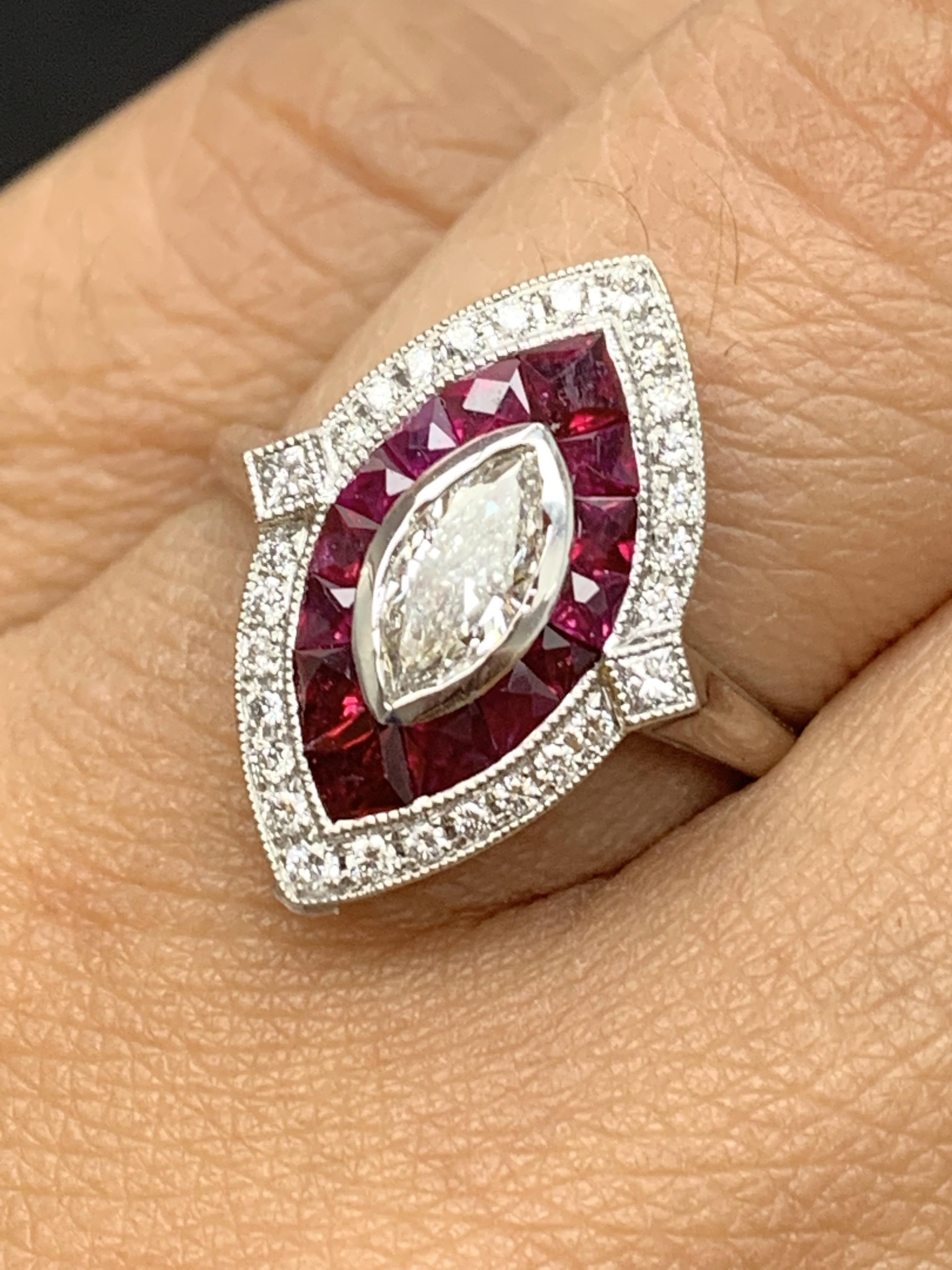 Modern 0.41 Carats Marquise Cut Diamond and Ruby Cocktail Ring in 14K White Gold For Sale