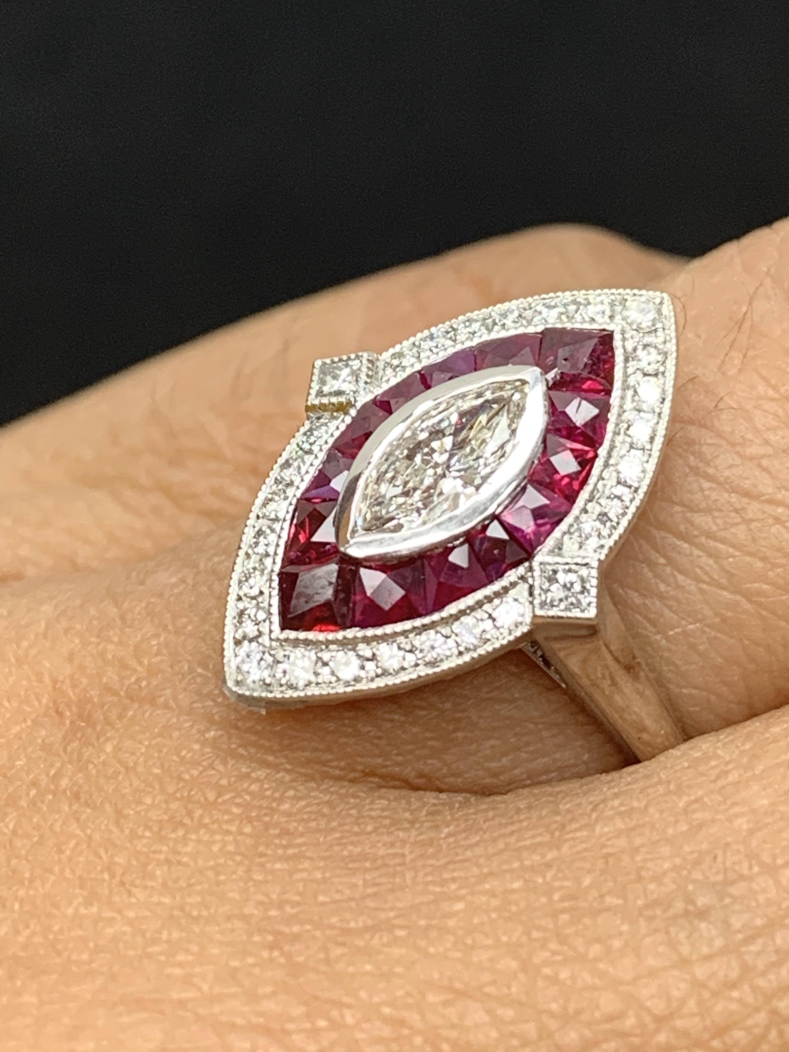 0.41 Carats Marquise Cut Diamond and Ruby Cocktail Ring in 14K White Gold In New Condition For Sale In NEW YORK, NY