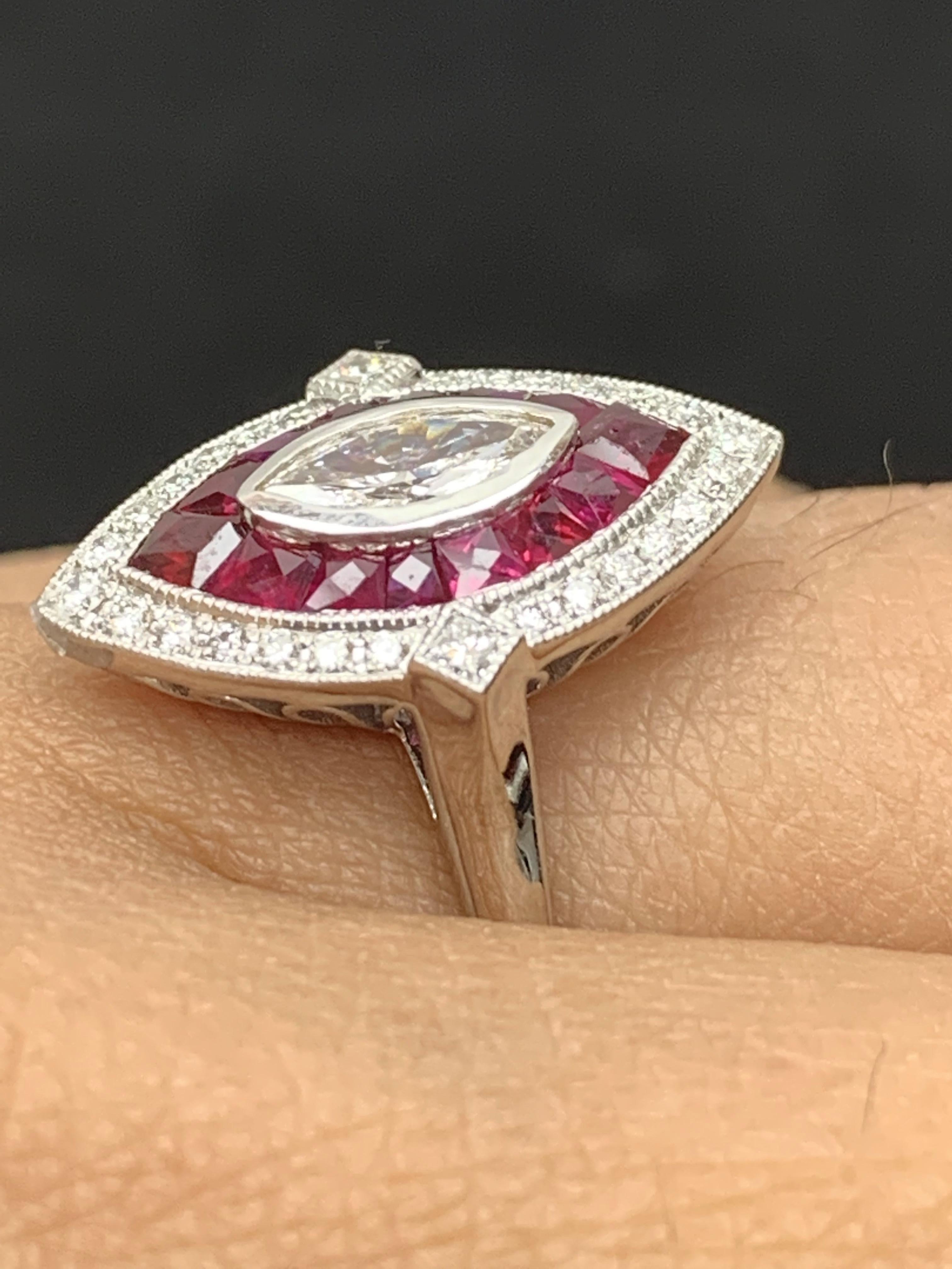Women's 0.41 Carats Marquise Cut Diamond and Ruby Cocktail Ring in 14K White Gold For Sale