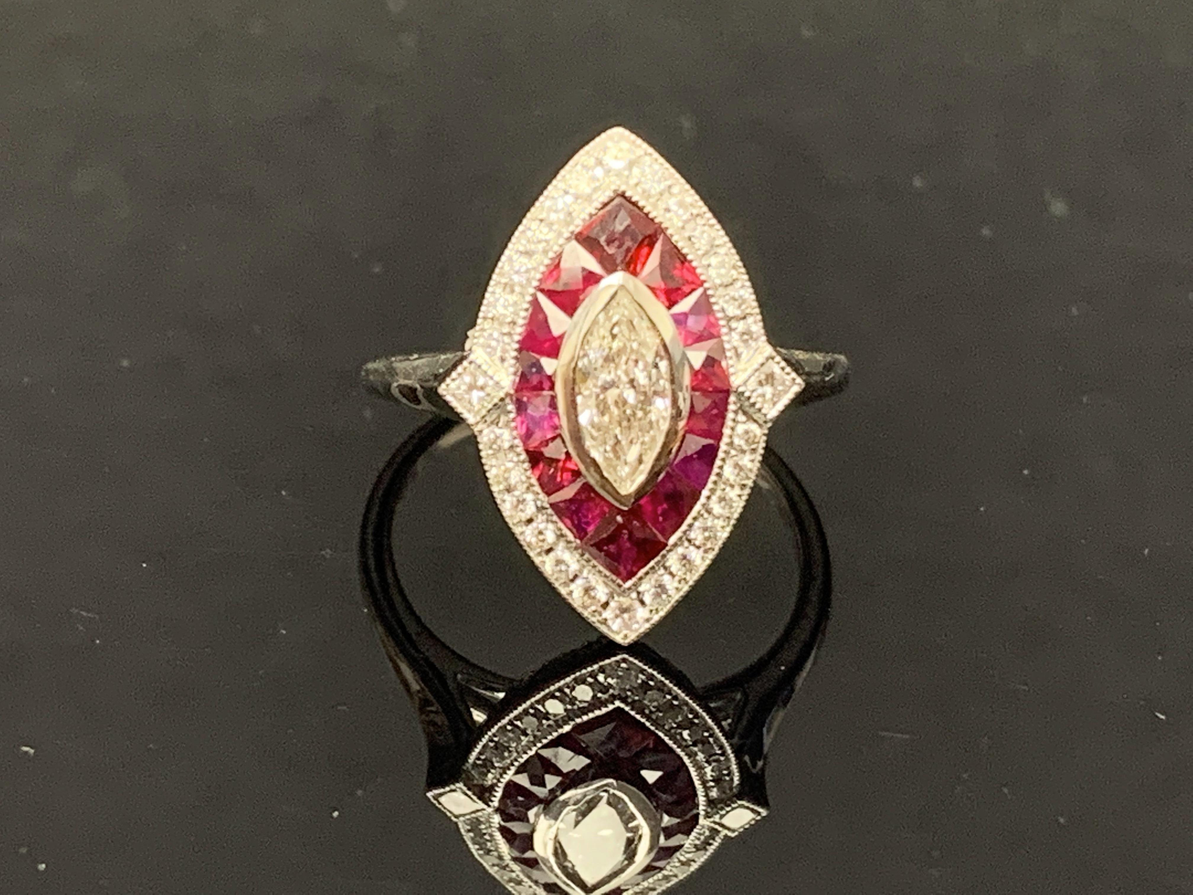 0.41 Carats Marquise Cut Diamond and Ruby Cocktail Ring in 14K White Gold For Sale 4