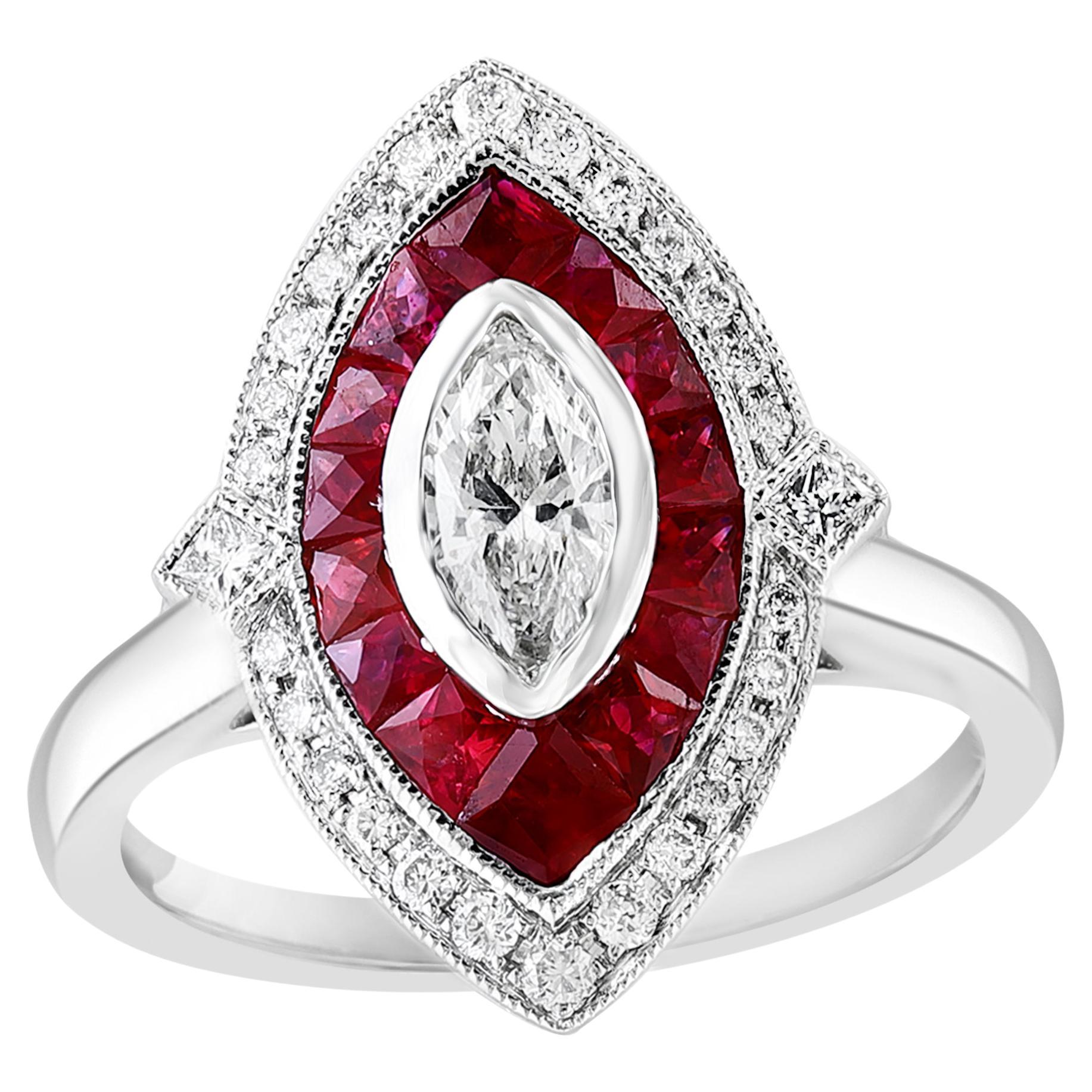 0.41 Carats Marquise Cut Diamond and Ruby Cocktail Ring in 14K White Gold For Sale