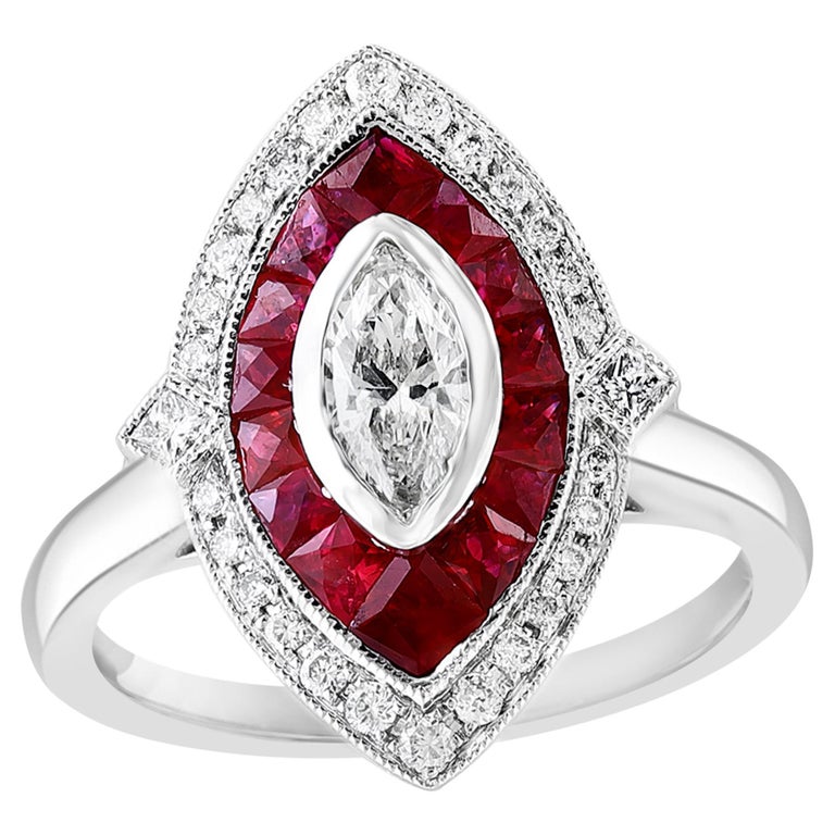 0.41 Carats Marquise Cut Diamond and Ruby Cocktail Ring in 14K White ...