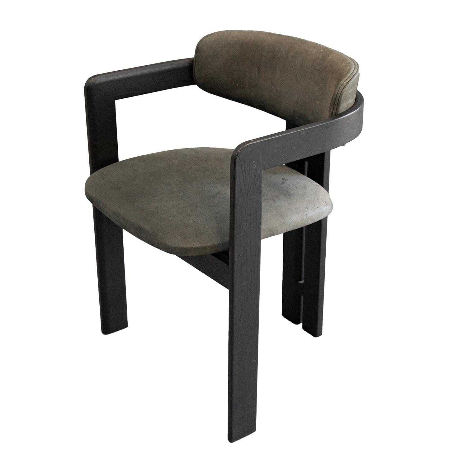 0414 Dining chair set by Gallotti & Radice. This was a custom made order set of 8. Armchairs are black lacquered open pore solid curved ash structure.  Curved plywood seat and backrest with polyurethane foam padding covered by grey suede leather.