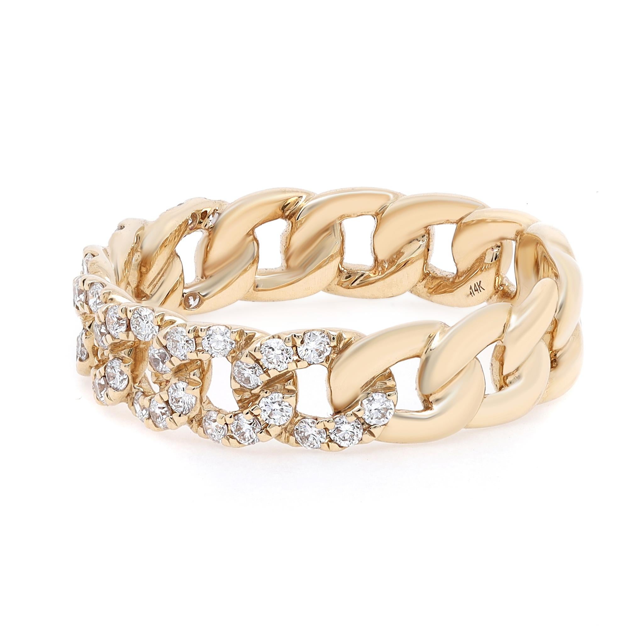 Trendy and chic, pave chain link diamond ring. Crafted in bright 14k yellow gold, pave-set round brilliant-cut diamonds in chain link design portrays a timeless, eye catching style. It's stackable and easy to mix and match. Diamond weight: 0.41.